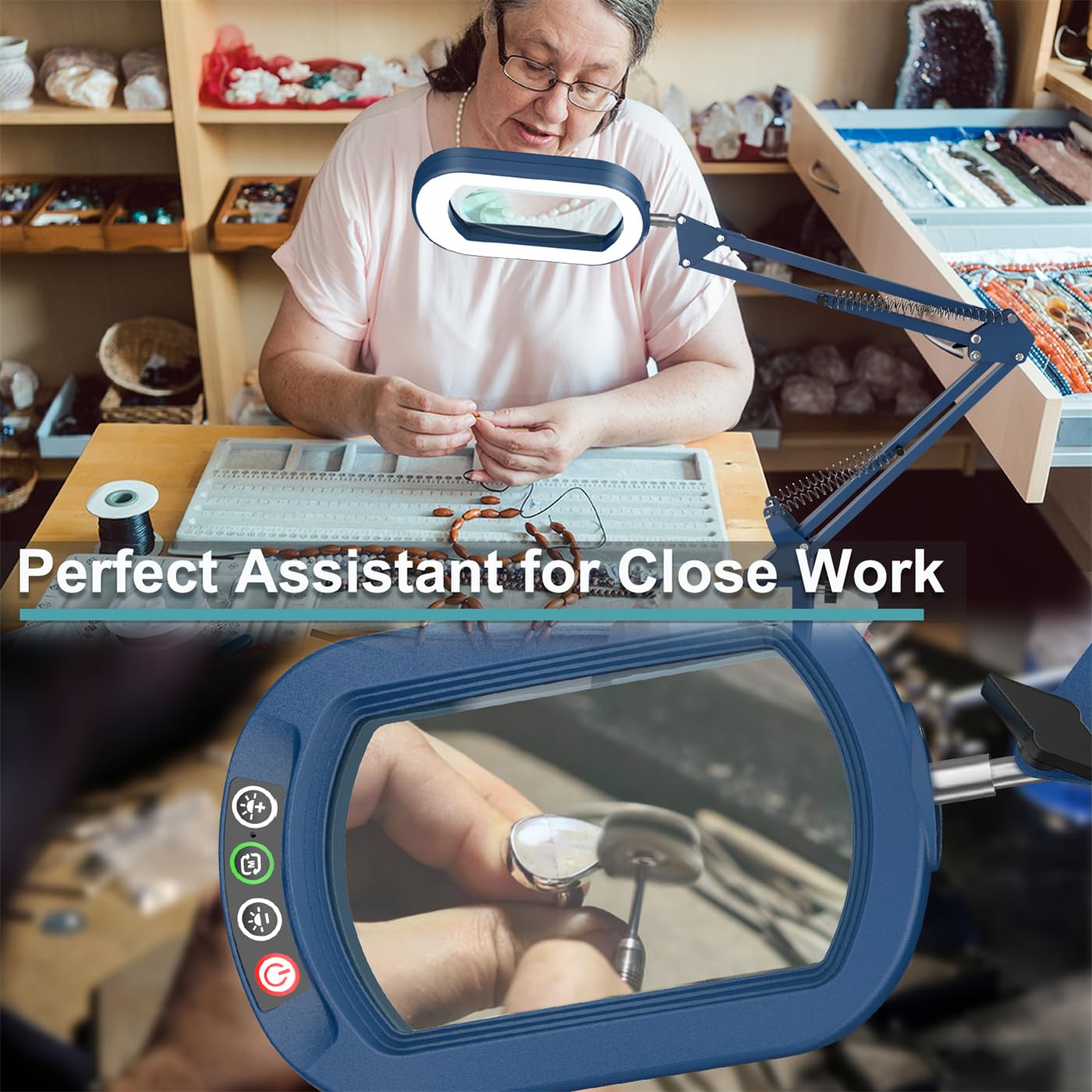 IVMAIE 10X Magnifying Glass with Light, Dimmable Clamp Desk Lamp, Swing Arm, Blue, Model JZ602