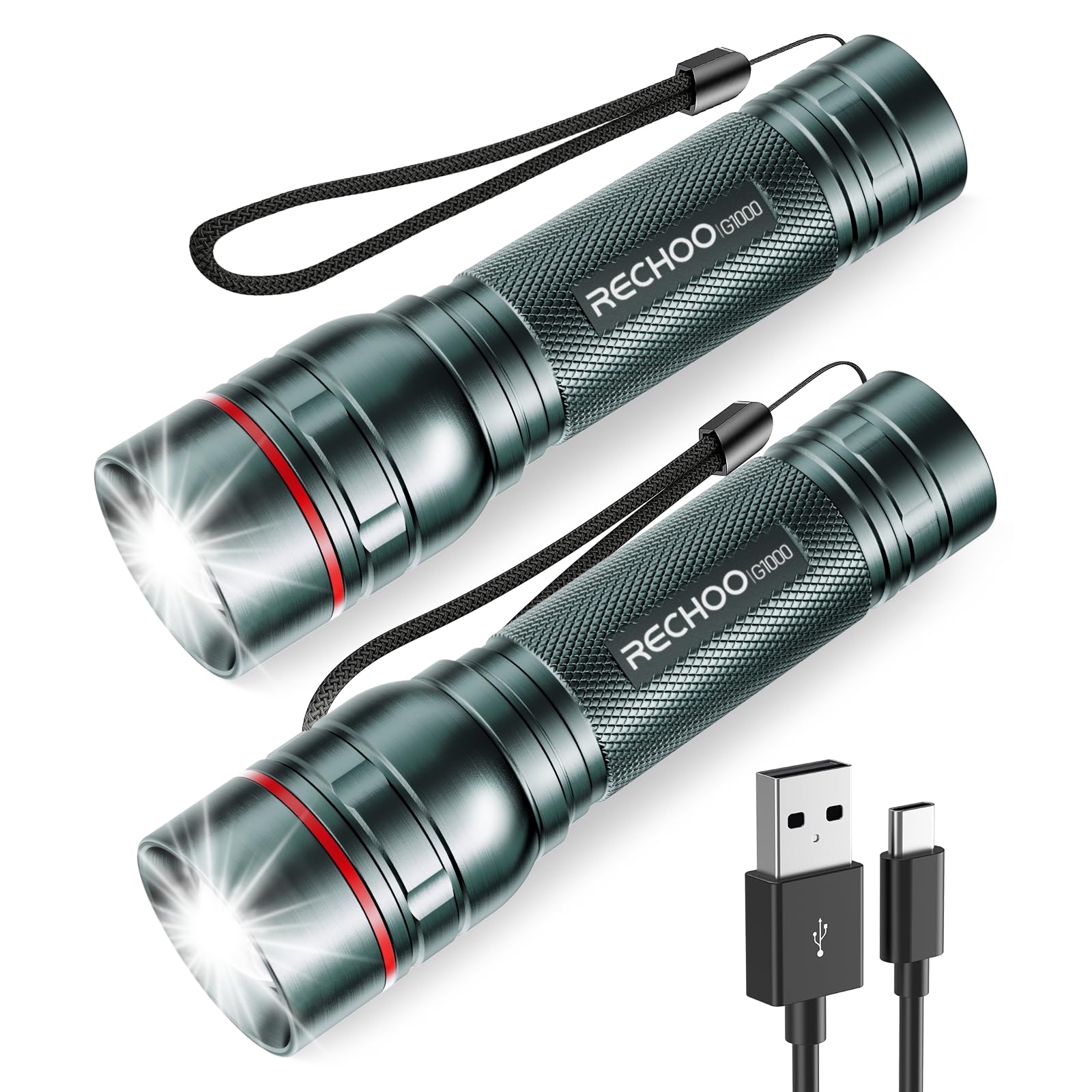 RECHOO G1000 Rechargeable Flashlights, 3 Lighting Modes, Aluminum, 2 Pack, Gray