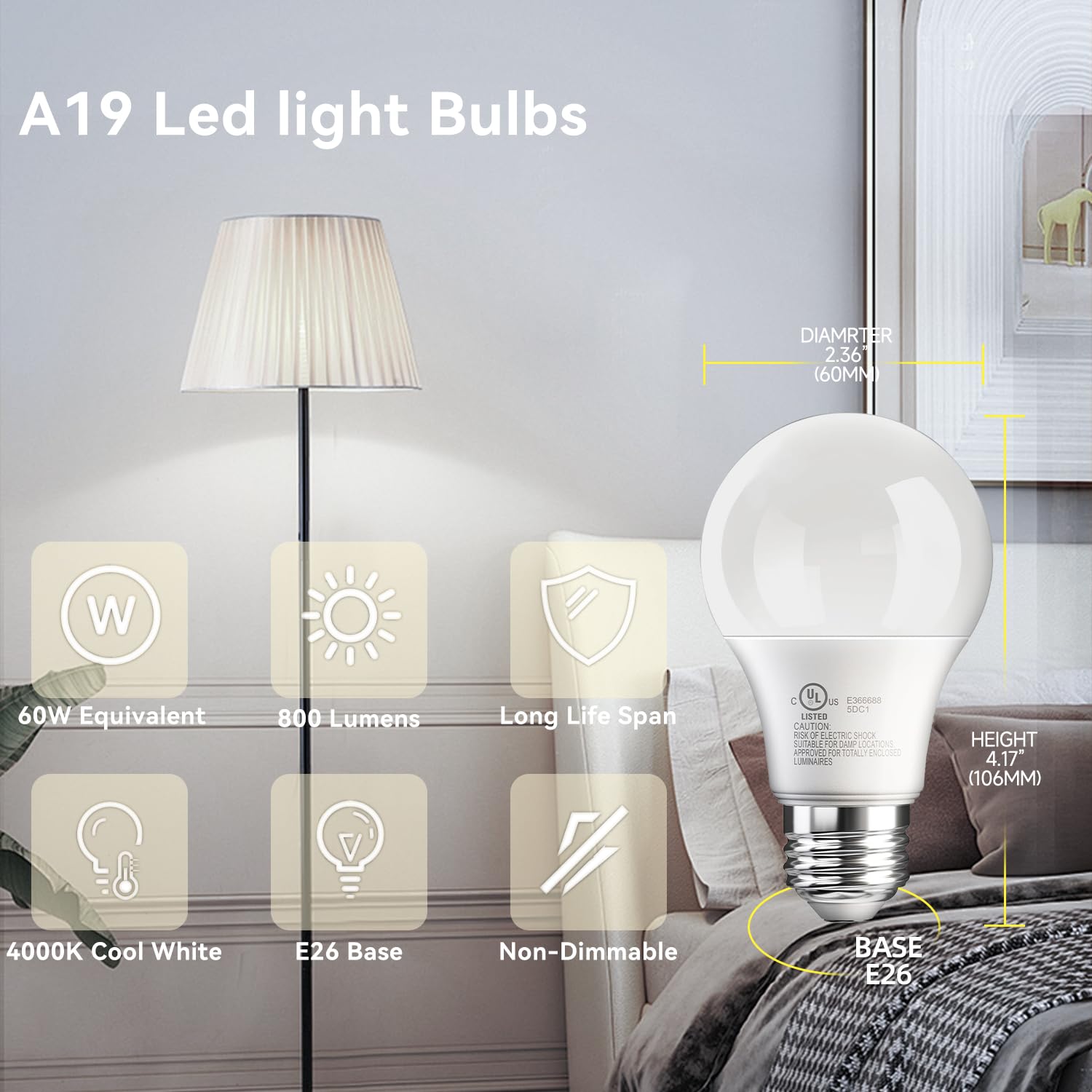 Tjoy 6 Pack A19 Led Light Bulbs, 60 Watt Equivalent Led Bulb, Efficient 9W, Cool White 4000K, E26 Standard Base, Neutral White L