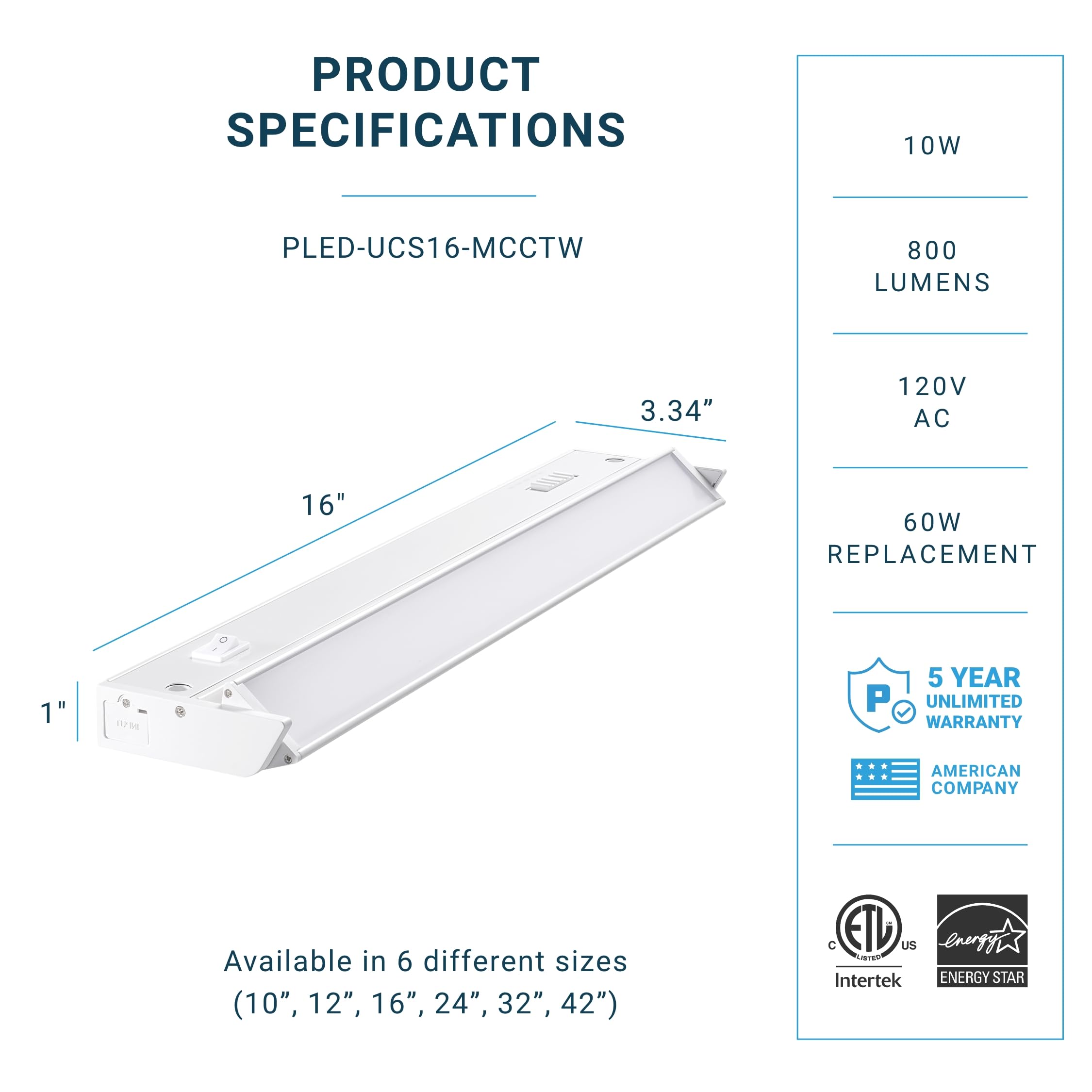 Parmida LED Swivel Under Cabinet Lighting, 16 Inch, 10W, 3CCT, Dimmable, White, Model PLED-UCS16-3CCTW