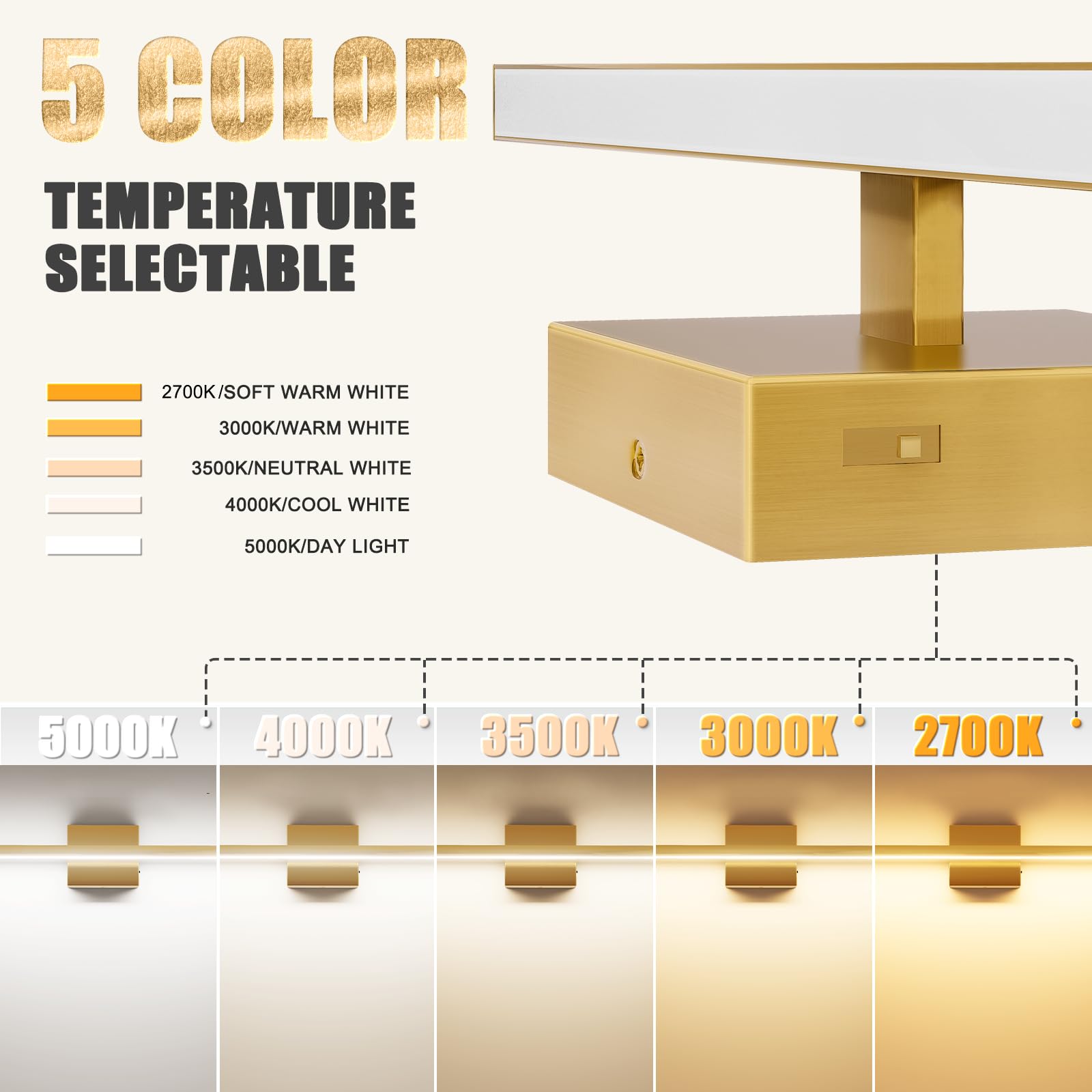 Volisun Modern Bathroom Vanity Light 24 Inch, 14W Dimmable 5Cct Led Bathroom Light Fixture Over Mirror, Brass Bar Vanity Light F