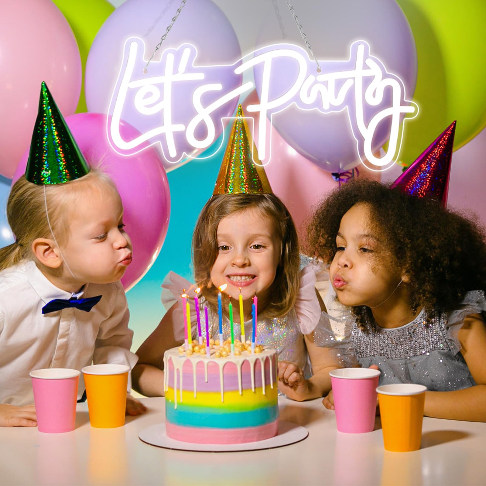 SERBASIC Lets Party Neon Sign - Dimmable LED Light, 16in x7in , White, USB Powered, Transparent Acrylic Panel