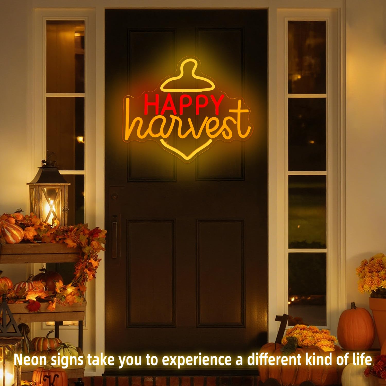 Jeanchrl Happy Harvest Neon Sign For Home Wall Dimmable Fall Light Sign For Home Decor Thanksgiving Decor Neon Wall Art For Bedroom Living Room Yellow Pinecone Led Sign For Party Gift