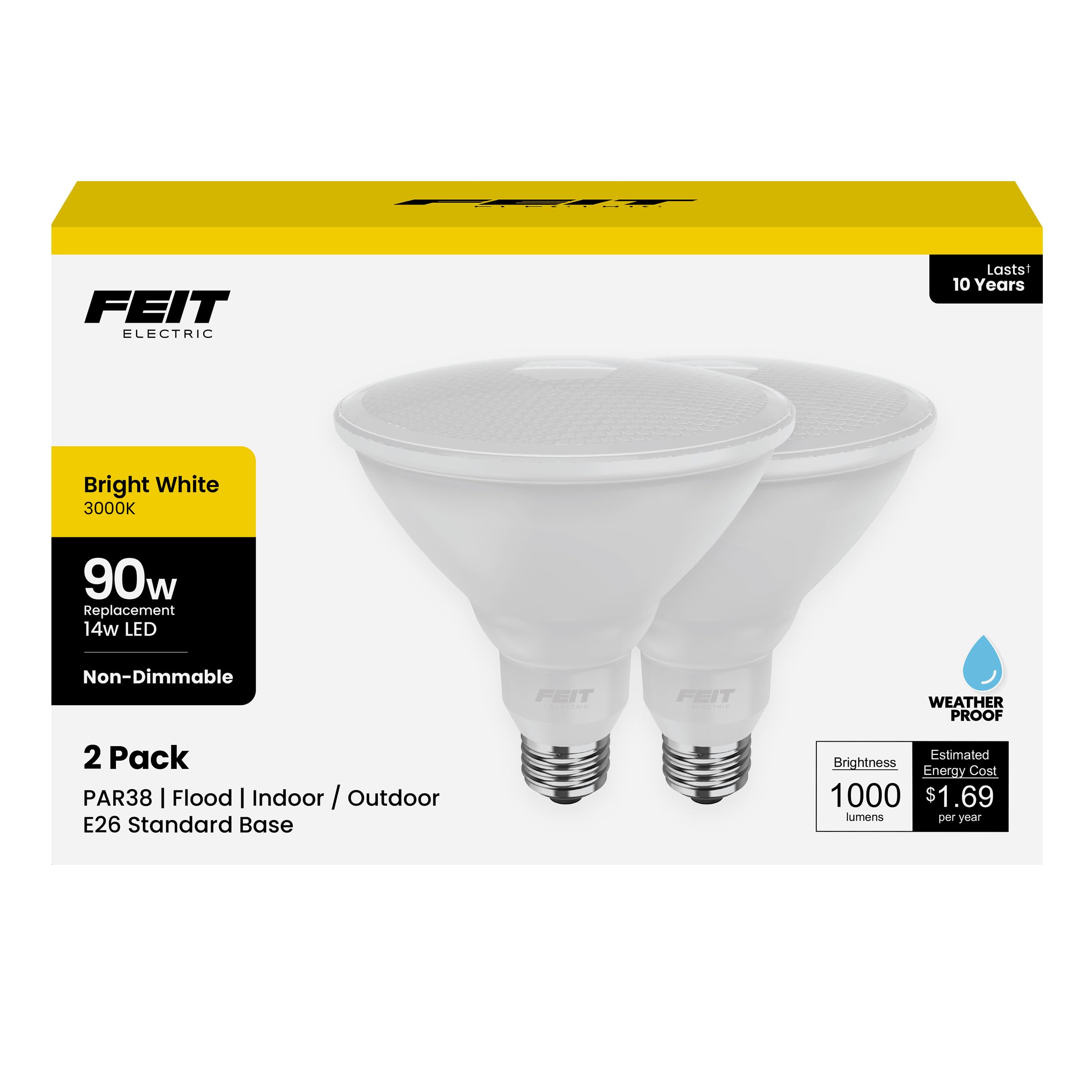 Feit Electric PAR38 LED Reflector Light Bulb, 90W Equivalent, 3000K Bright White, 1000 Lumens, E26 Base, 11,000 Hours Lifespan, 