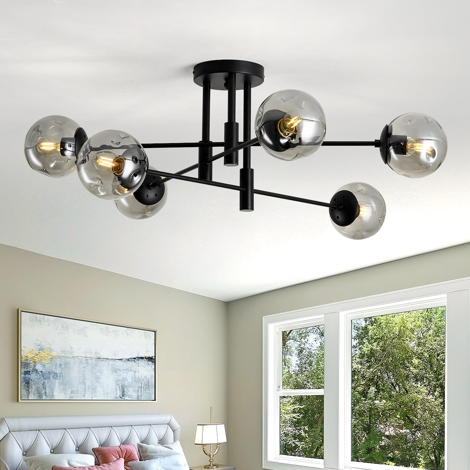 SZXYKEJI 6-Lights Glass Globe Sputnik Chandelier Modern Flush Mount Ceiling Light Fixture Black Farmhouse Lighting for Dining Ro