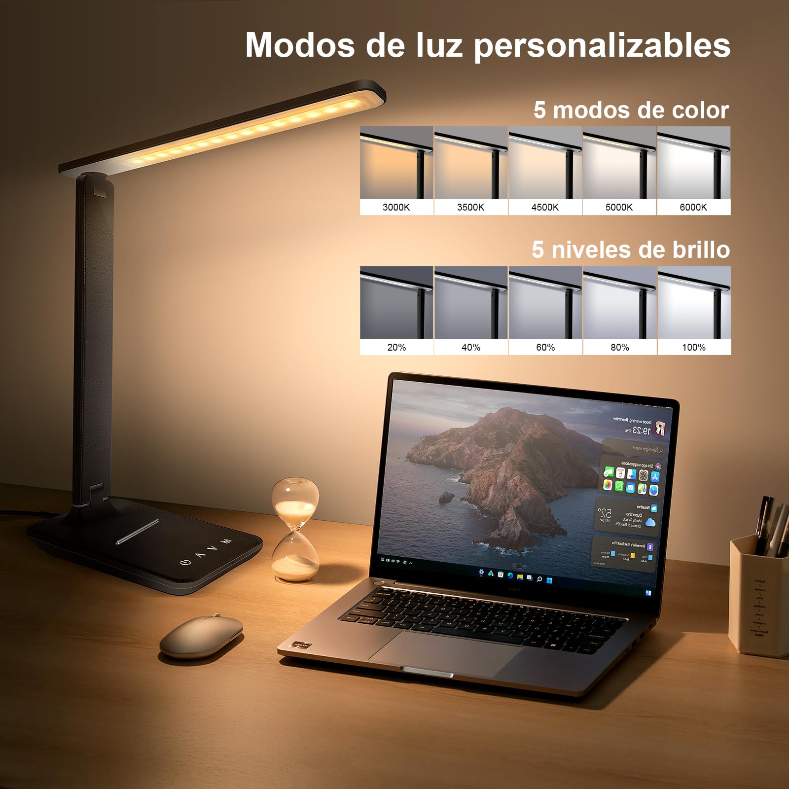 karidi LED Desk Lamp, Dimmable, 5 Lighting Modes, USB Charging Port, Foldable, Black, Model TX26A