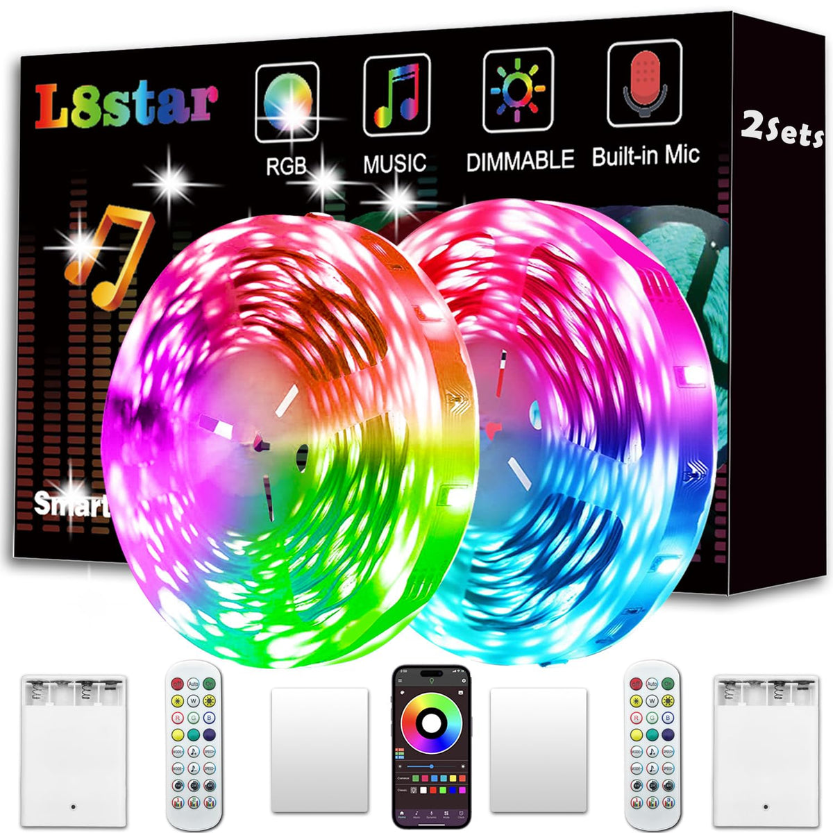 L8Star Battery Powered Led Strip Lights, 2X16.4Ft (32.8Ft),Two Sets Of Strip Light With 4 Aa Battery Box/Usb Rgb Led Light, Remo