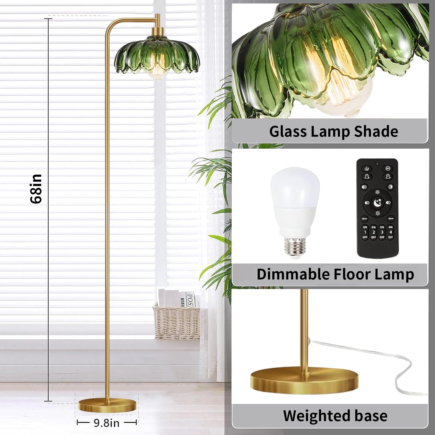 Qiyizm Gold Glass Floor Lamp Dimmable,Brass Tall Lamp Mid Century Modern Standing Lamp With Remote Retro Vintage Green Floor Lig