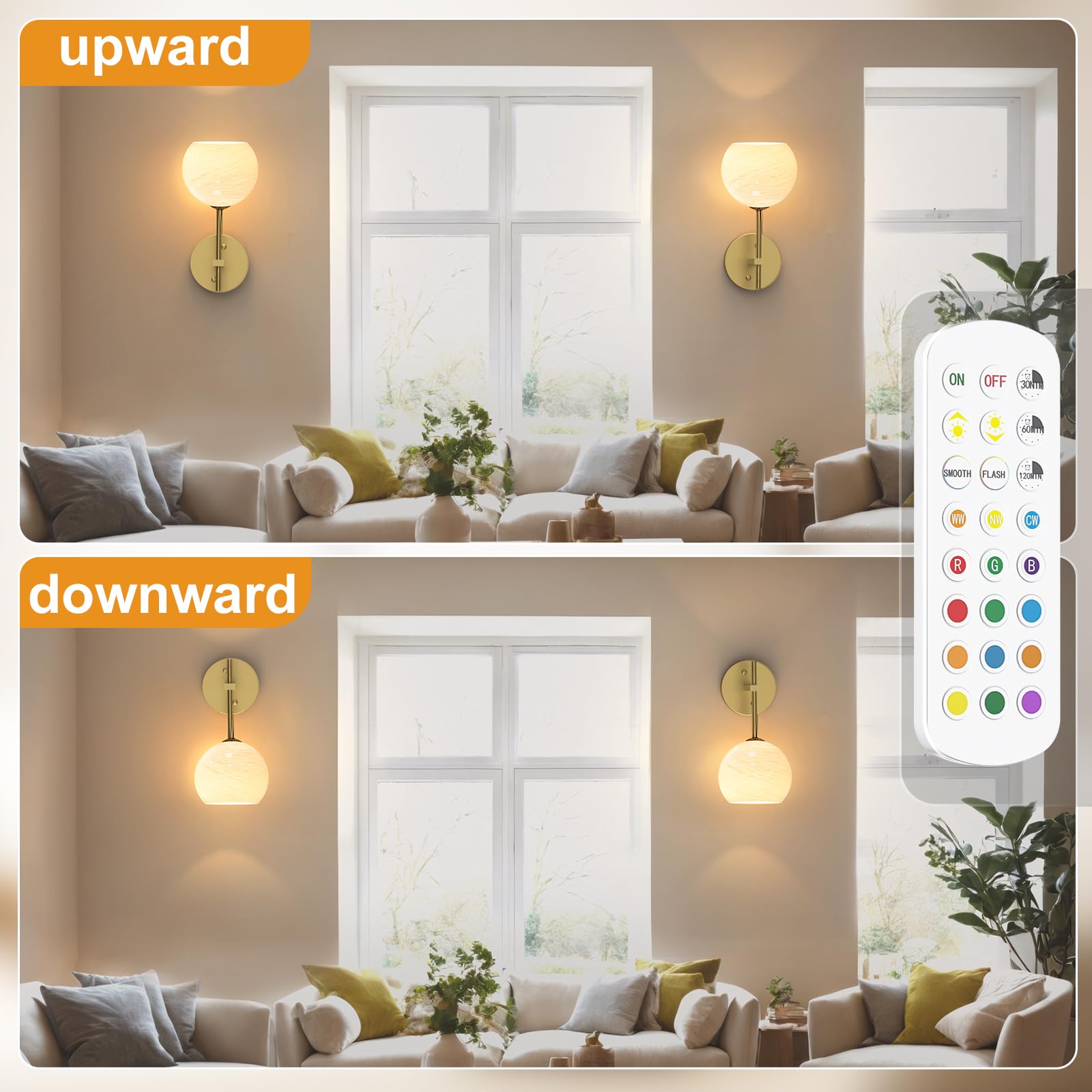 MOITA Wall Sconces Set of Two, Wireless Battery Operated, Glass Shade, 12 RGB Colors, 3 CCT Options, Gold Base, 2-Pack