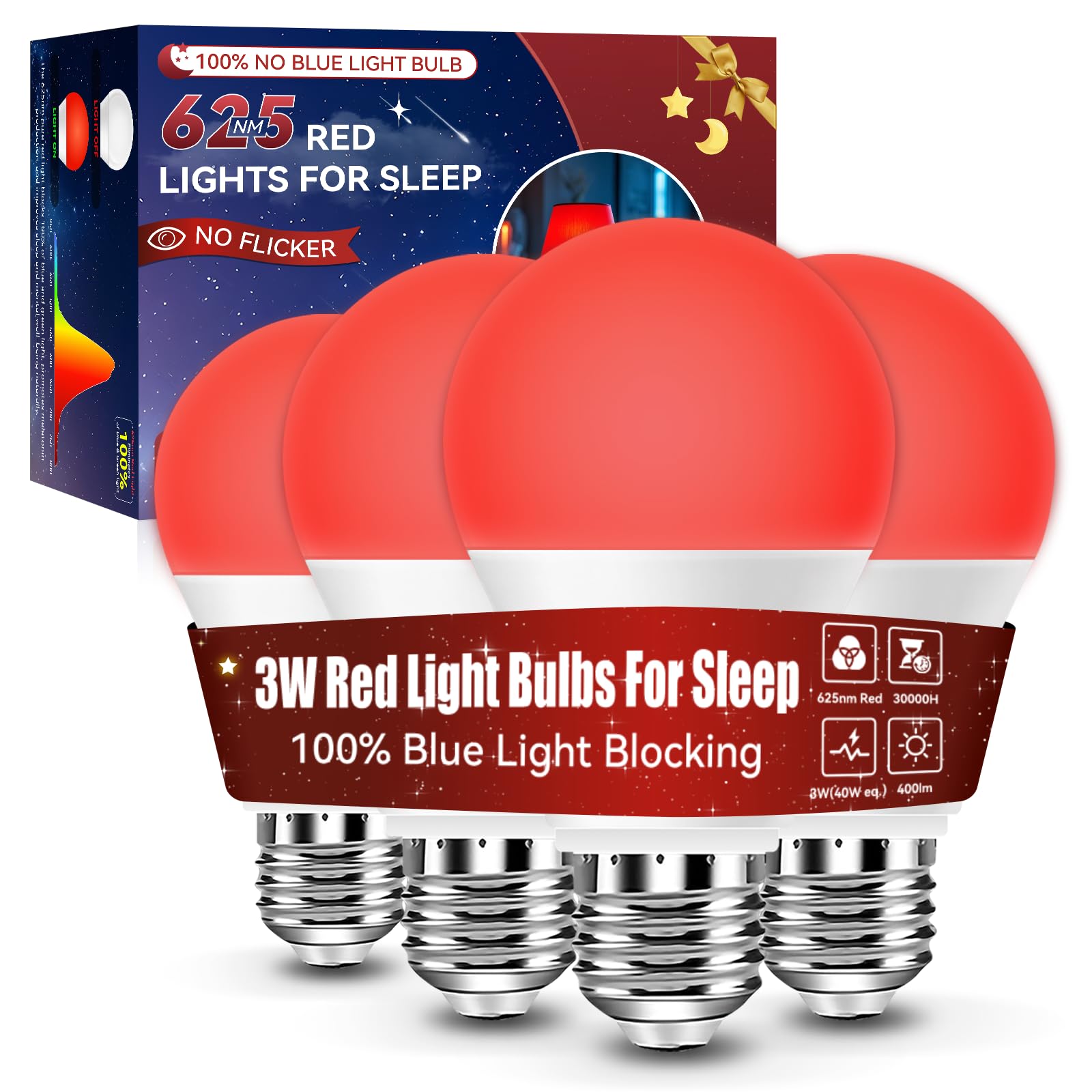 Neporal 625nm Red Light Bulbs for Sleep 3W  100% Blue Light Blocking Light Bulbs for Melatonin Promoting  A19 LED 40W Equivalent Dim Red Night Light Bulb for Baby Nursery  Sleeping  Reading  4-Pack