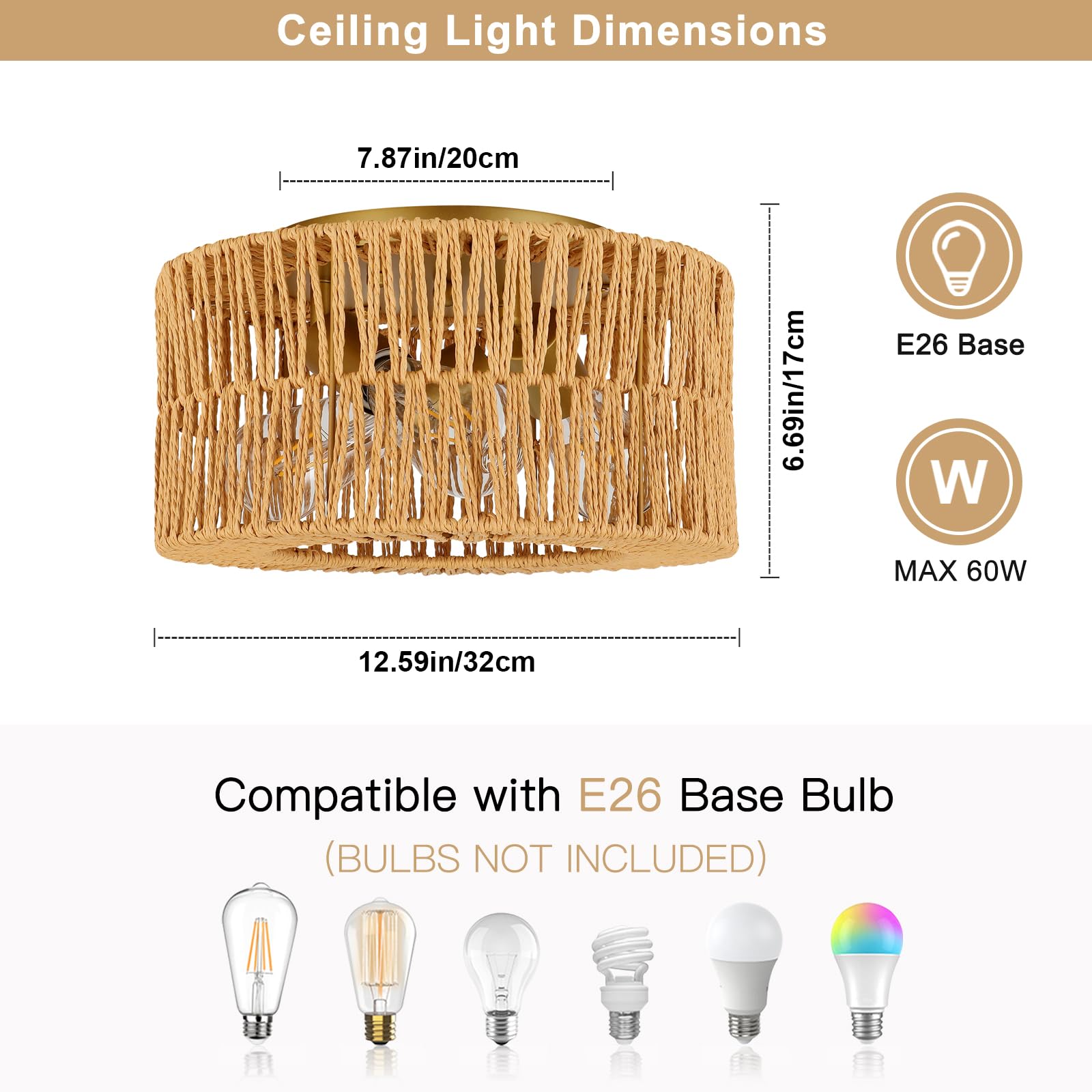 Foucasal 3-Light Rattan Ceiling Light Flush Mount - Boho Woven Chandelier For Farmhouse Decor