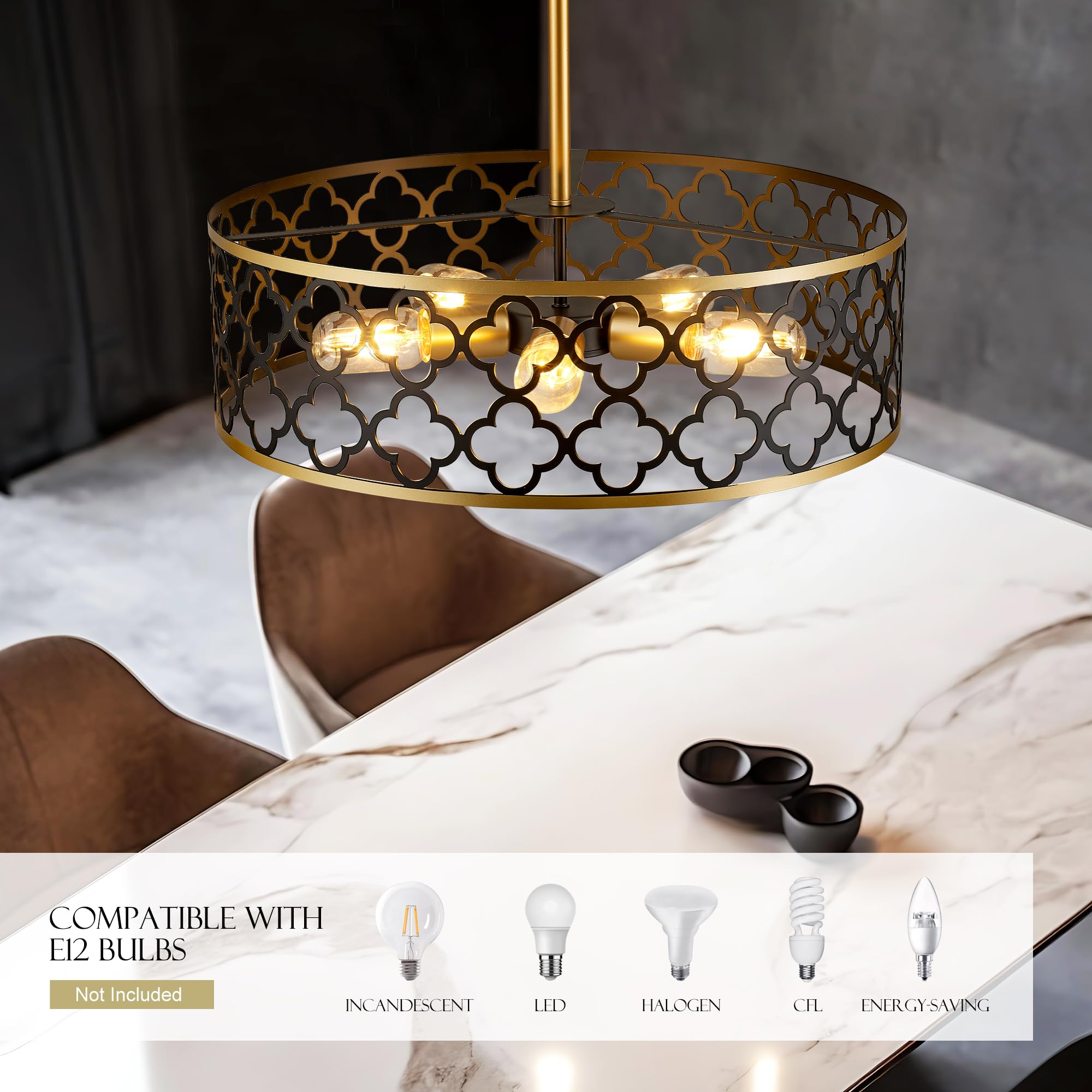Salaiwei 5-Light Drum Chandeliers For Dining Room,19.7'' Rustic Farmhouse Dining Room Light Fixture, Black&Gold Metal Hanging Pe