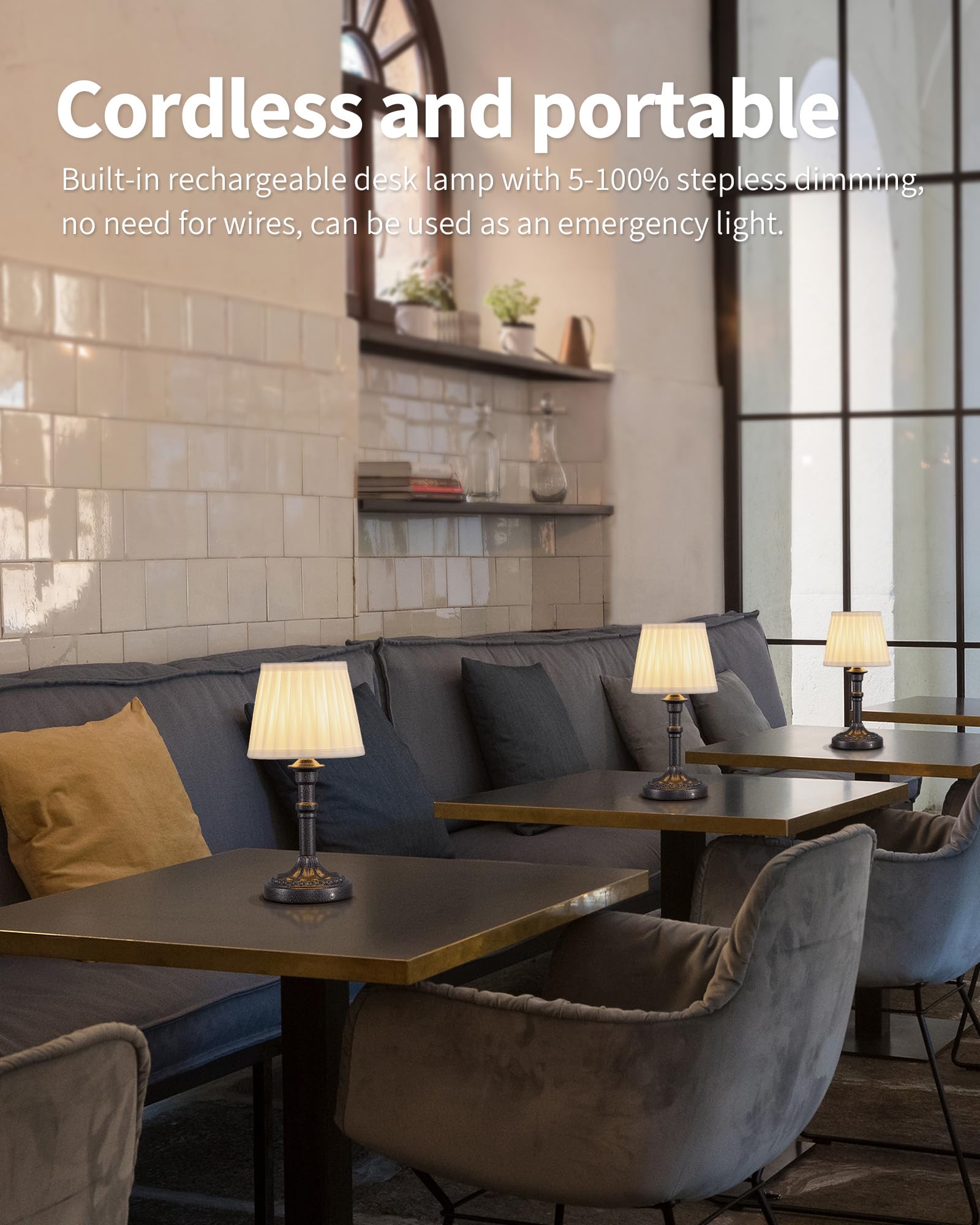 Kdg Cordless Portables Table Lamp Set Of 2, Led Fabric Shade Small Desk Lamps, 5000Mah Battery Powered Lighting, 2700K Stepless Dimmable Light For Living Room, Dining Room, Bedroom, Bedside (Nickel)