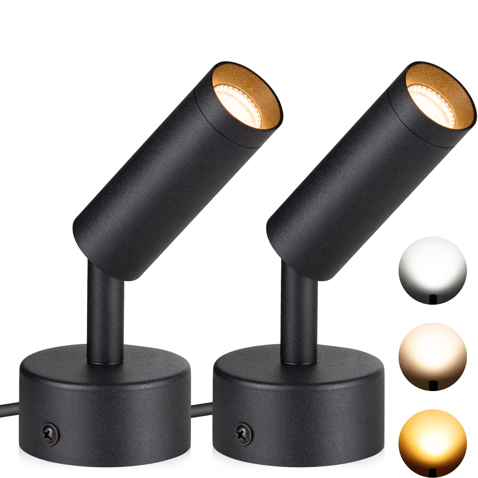 SUNVIE LED Spot Lights 2 Pack, Dimmable 3W Indoor Uplights, 3000K/4000K/5000K Adjustable, Black, Model SWND030