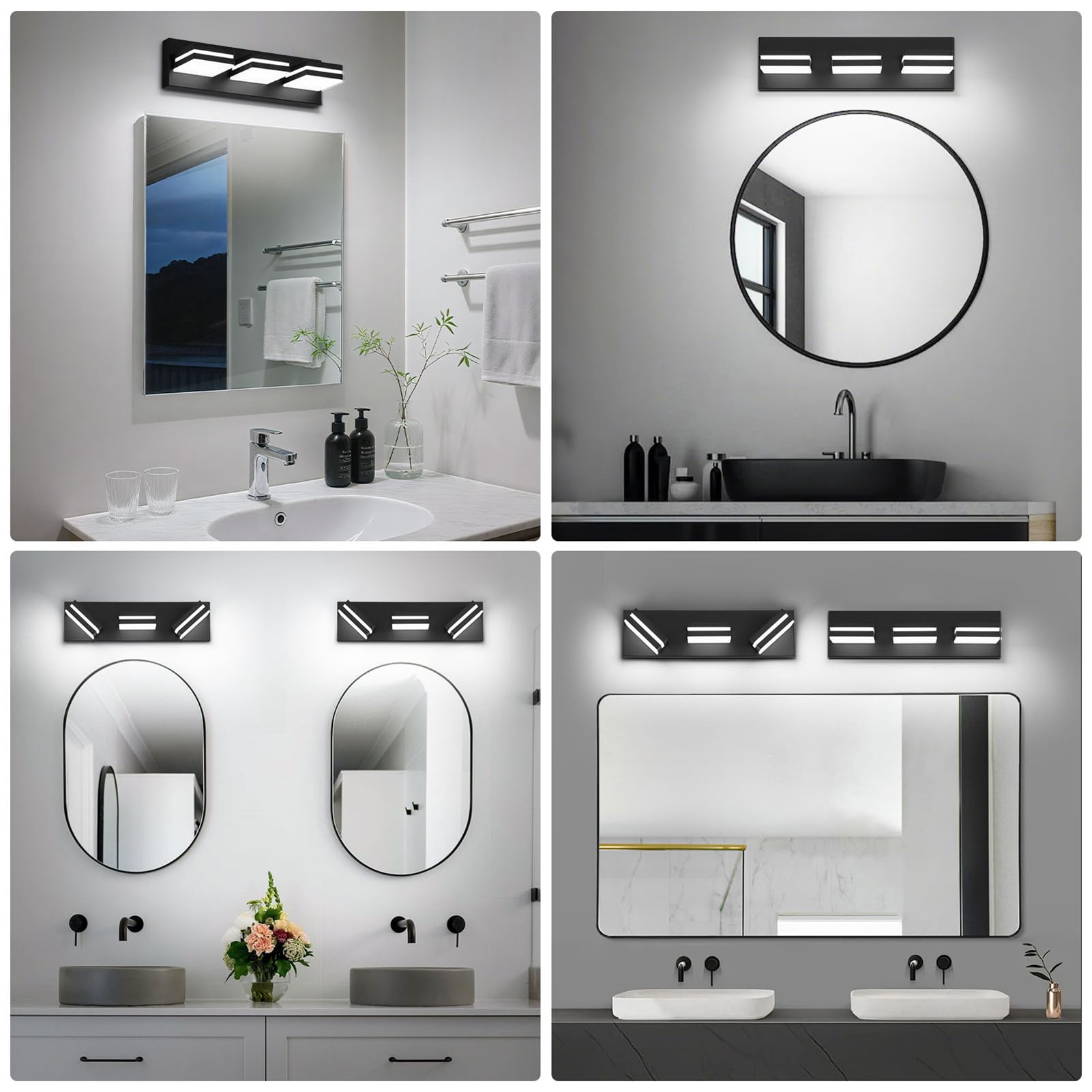 JZEKVN Modern LED Bathroom Light Fixture, 3-Light Metal Black Acrylic, 16.14in, 6000K Vanity Lighting Over Mirror