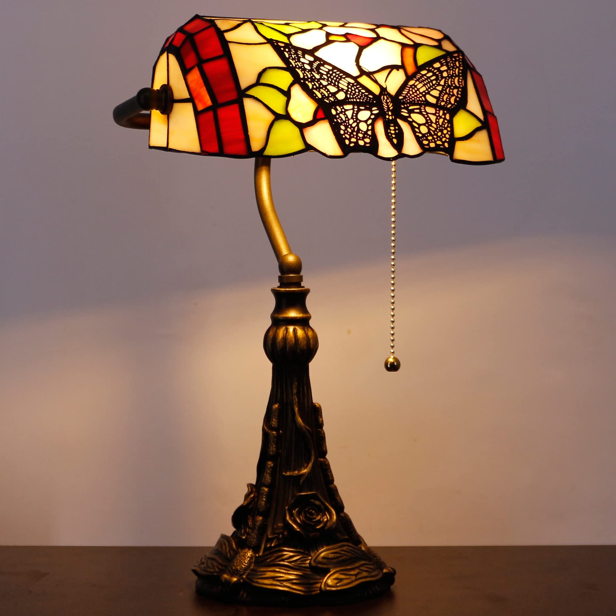 SYETL Tiffany Banker Lamp Small Stained Glass Table Lamp Tiffany Style Piano Light Desk Lamp Angle Adjustable 10.6X15.7 Inch for Home Office Living Room Bedroom (Butterfly in Flower Style)