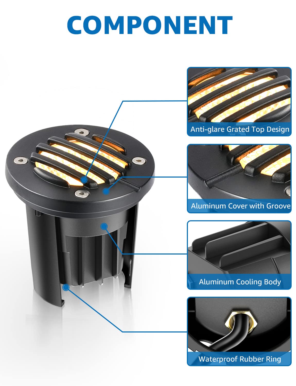 SUNVIE 12W Low Voltage LED Well Lights, Waterproof 3000K, Black, Model MDWG1206C, 6 Pack with Connectors for Outdoor Landscape Lighting
