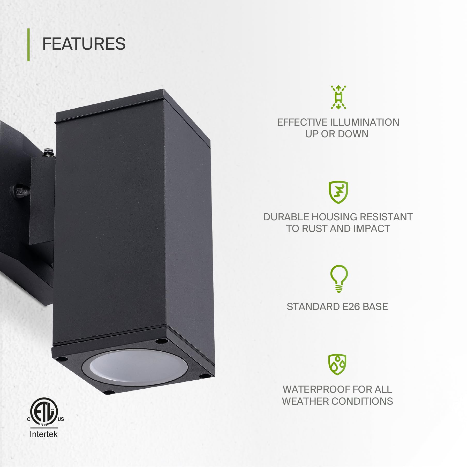 ASD 1-Way Square Wall Light Fixture, Photocell, Waterproof, Black, 2 Pack, ETL Listed, Compatible with LED/CFL/Incandescent Bulbs