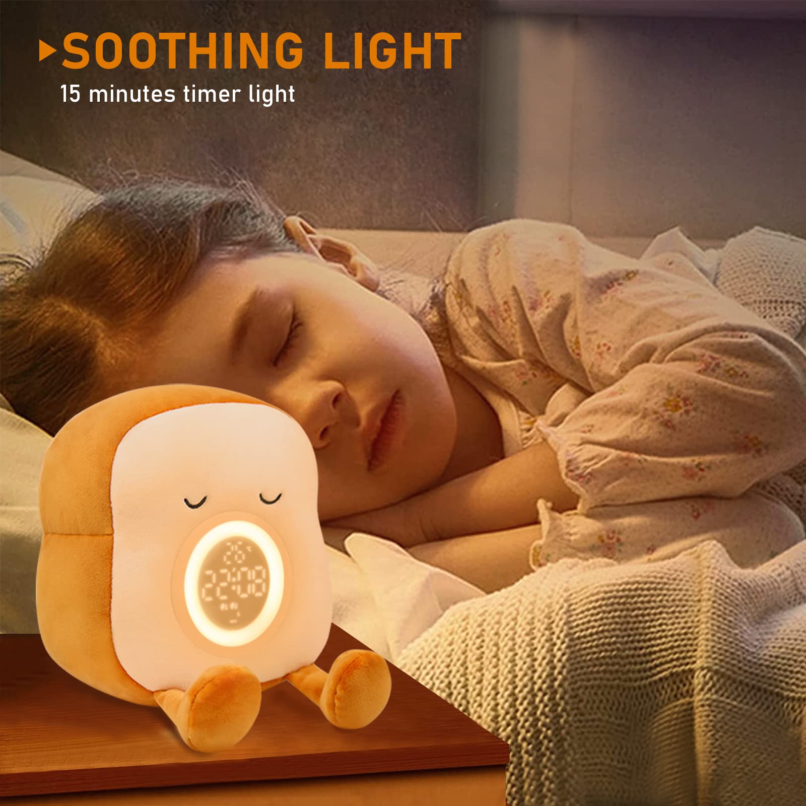 QANYI Kids Night Light Plush Toast Bread Alarm Clock, Big Yellow Polyester, Model Sleepy, Perfect Gift for Girls Ages 6-11