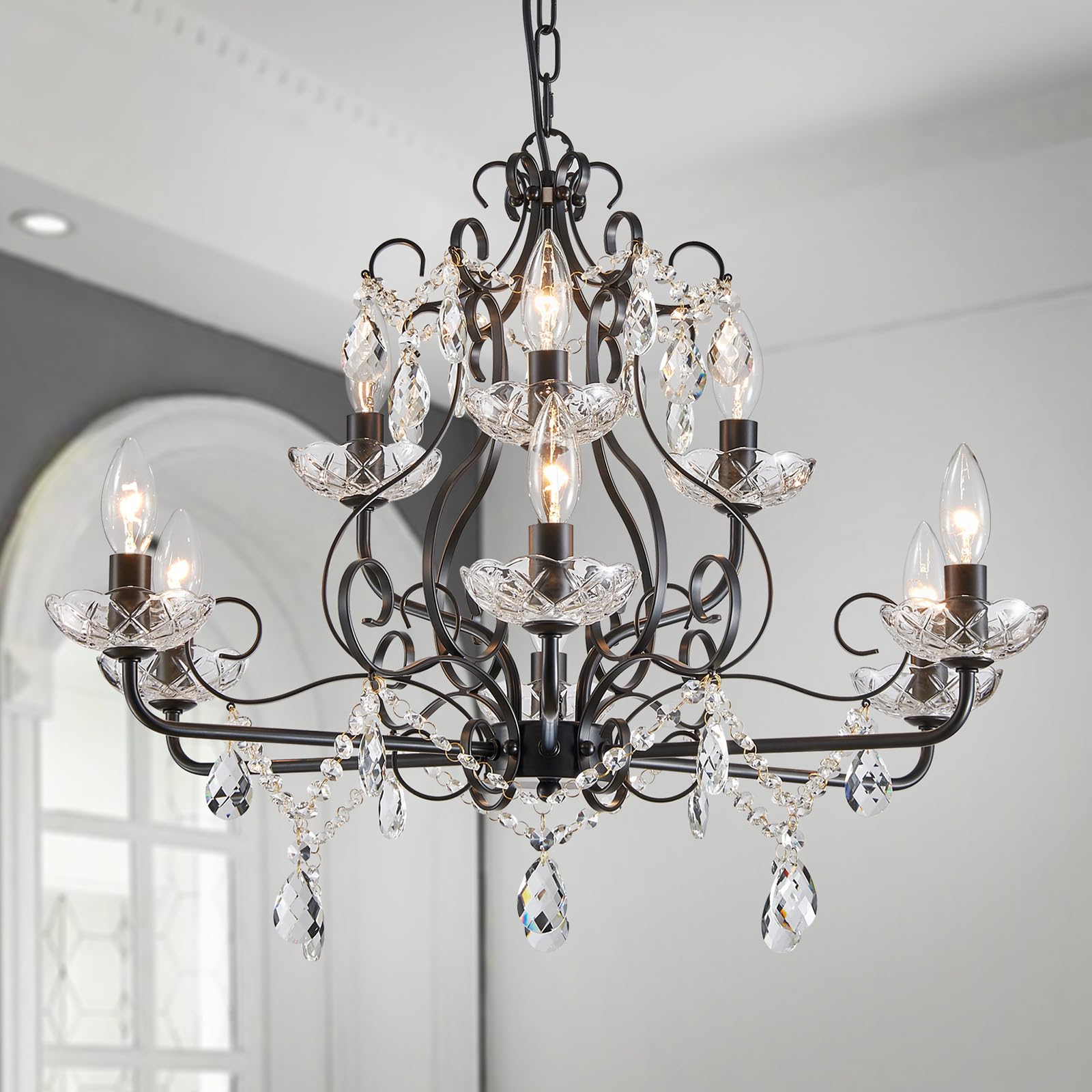 Wuzups 9-Light Crystal Candle Chandelier Pendant Flushmount Ceiling Light Modern Lighting Fixture For Bedroom Hallway Bar Kitchen Bathroom  H 18.1 X W 25.6  Black  E12 Base