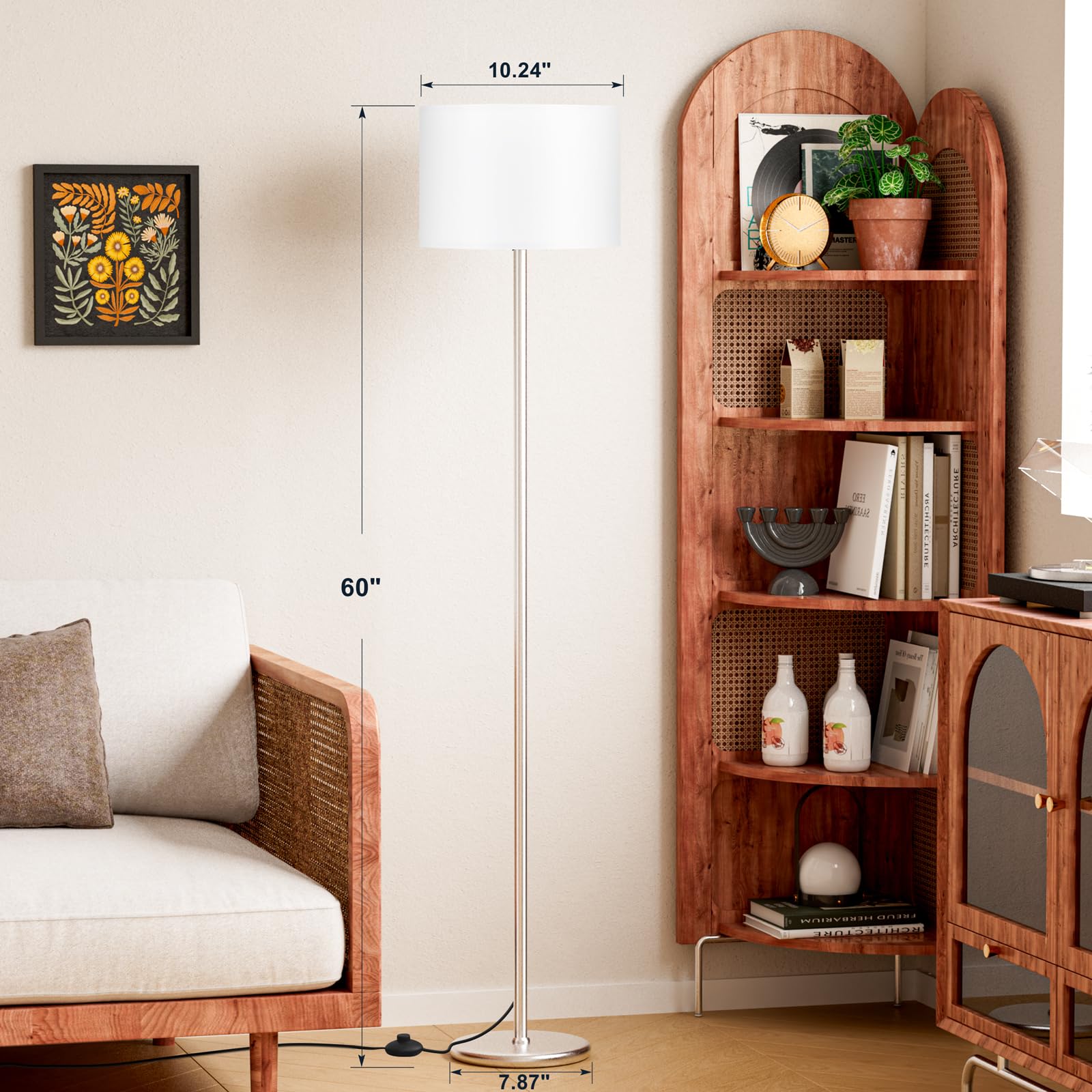 Ambimall 60'' Modern Floor Lamp With Shade, Tall Lamps For Living Room, Bedroom, Office, Dining Room, White Shade With Silver Po