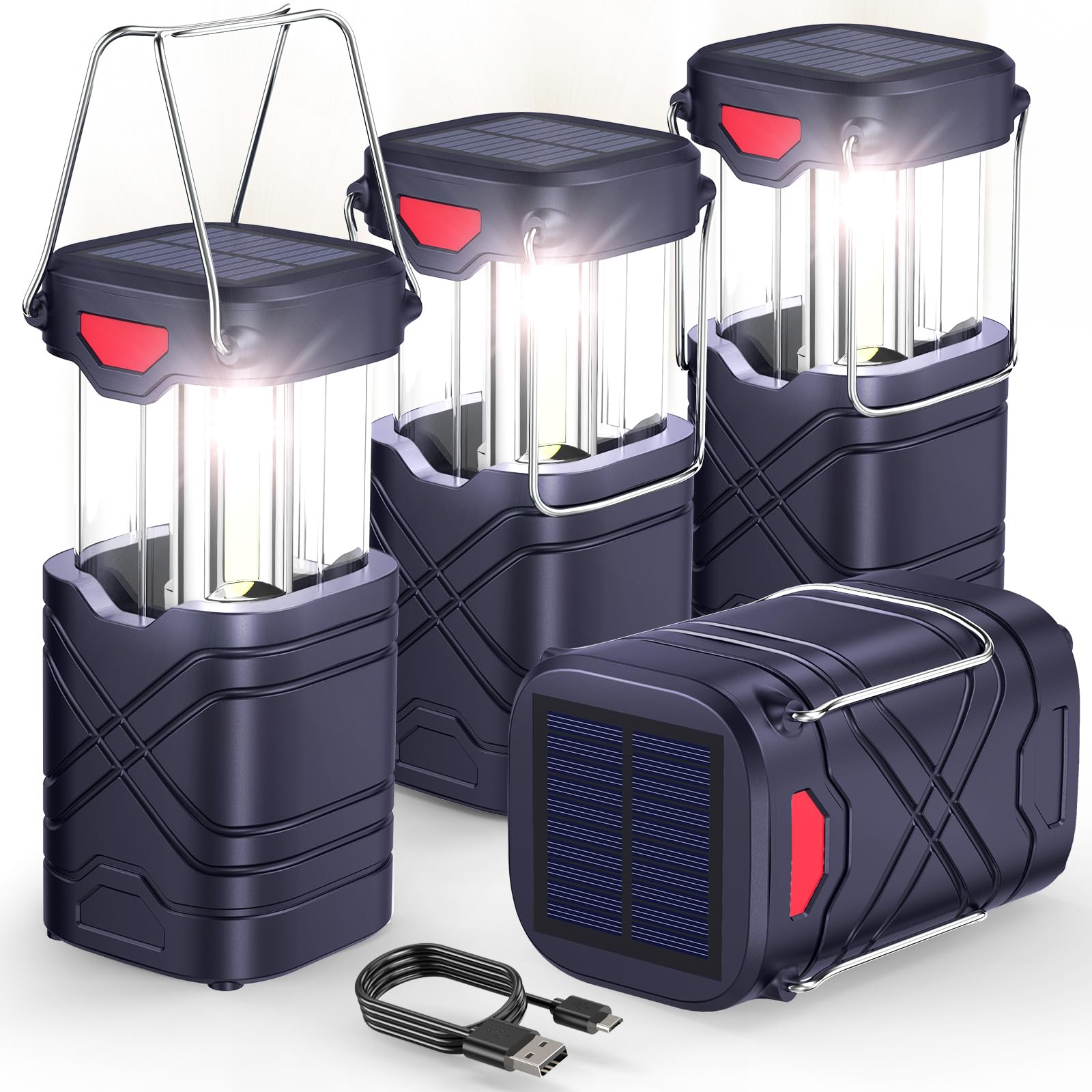LETMY 4 Pack Rechargeable LED Camping Lanterns, Solar Powered, Hurricane Supplies, Navy Blue, ABS Material