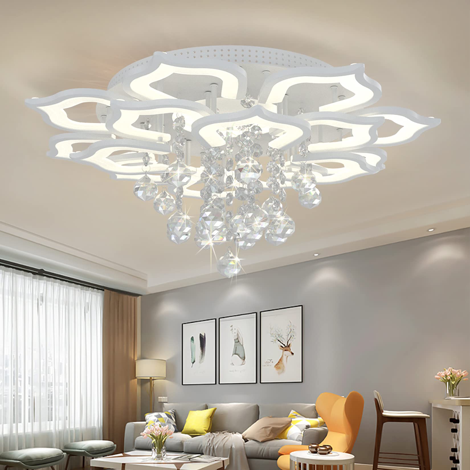 AHAWILL Modern Ceiling Light, 72W Crystal Flush Mount Chandelier, 16 Heads, Remote Control, White, for Living Room, Bedroom, Dining Room