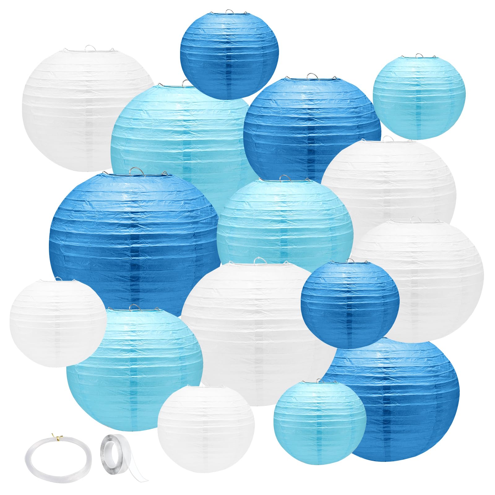 16 Pack Blue White Paper Lanterns Decorative,Hanging Round Paper Lantern Party Supplies With Tape And String For Graduation Wedd