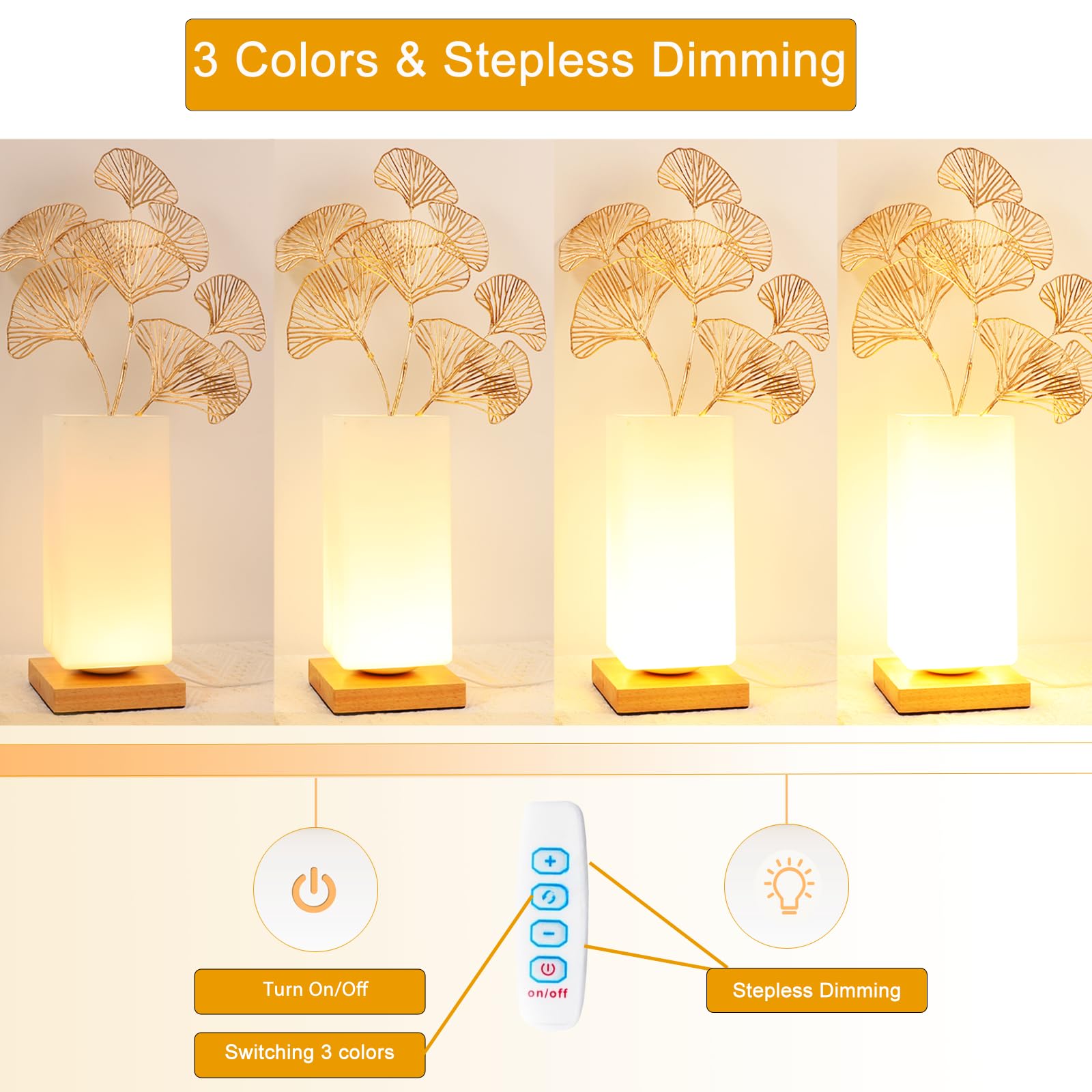 Floresita Dimmable Table Lamp - Frosted Glass Shade, Wood Base, USB Charge, 3 Colors, Model 1001