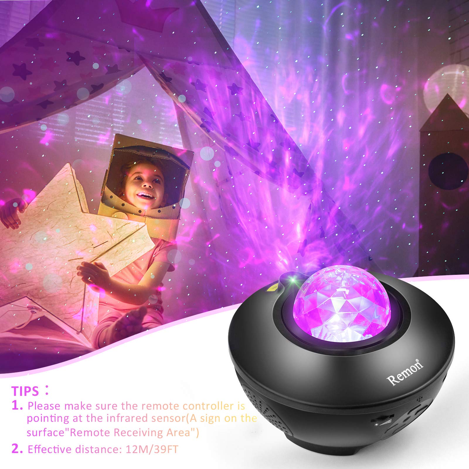 Remon Galaxy Projector Night Light - 10 Colors, Bluetooth Speaker, Alexa/Google Home Compatible, Black, Model BL-XK01
