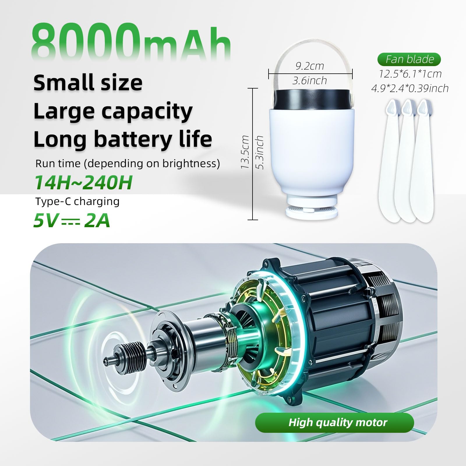 HOYECHI Portable Camping Fan with Light - 8000mAh Battery, Remote Control, White, Model HYC6008