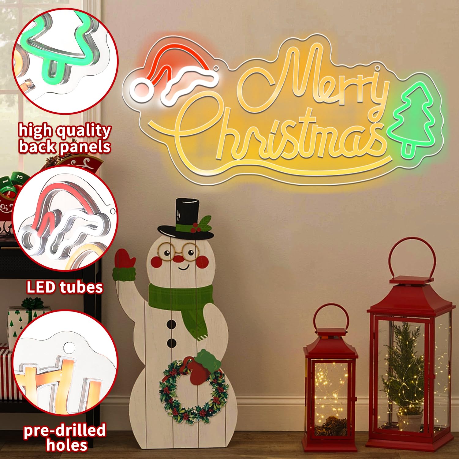 LightsUp Neon Christmas Sign, USB Powered, Warm White LEDs, 16.7 x 7.9 Inch, Acrylic, White, Xmas Tree & Santa Hat Design