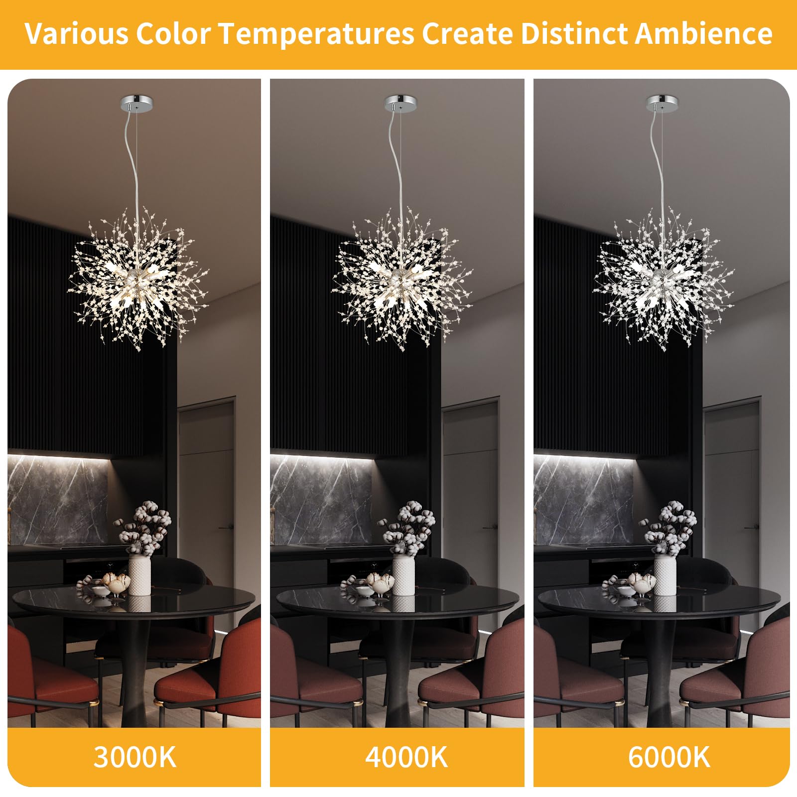 Foucasal 8-Light Crystal Pendant Light Modern Dandelion Sputnik Chandelier Chrome Firework Ceiling Lighting Fixture For Dining R