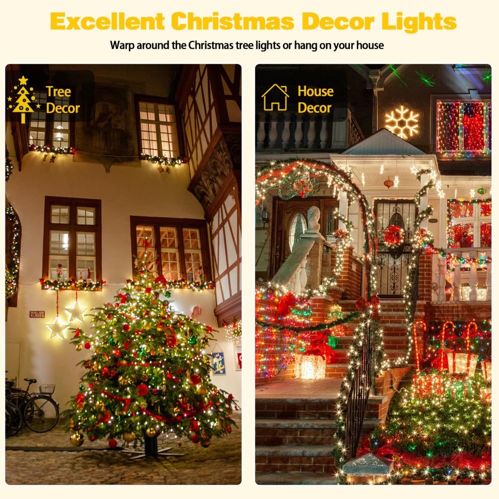 2-Pack 200 Led Solar String Lights For Outside, Solar Christmas Lights Outdoor Waterproof, Green Wire Solar Tree Lights With 8 L