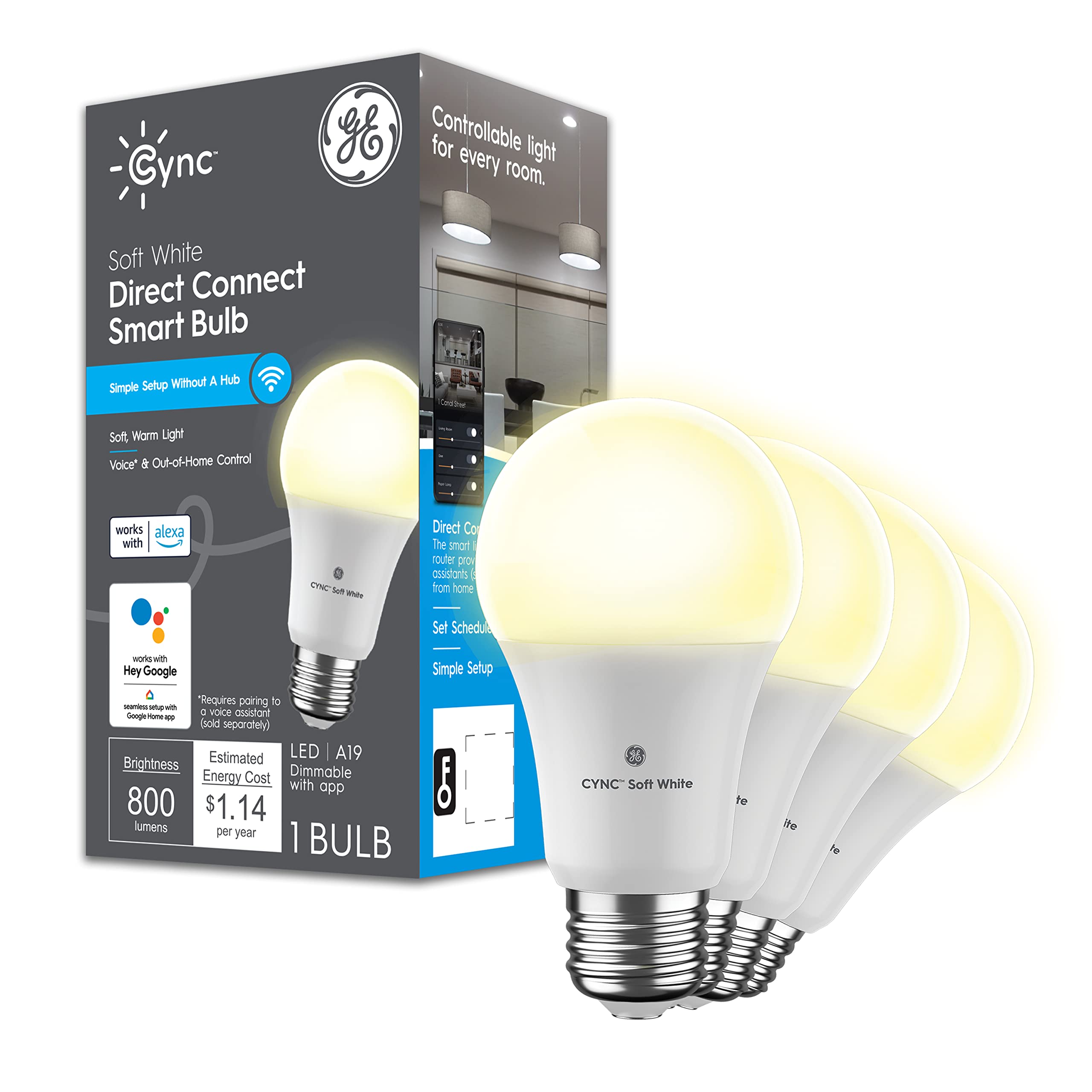 GE CYNC Smart LED Light Bulbs, Bluetooth & Wi-Fi, 9.5W, Soft White, A19, 4 Pack, Plastic
