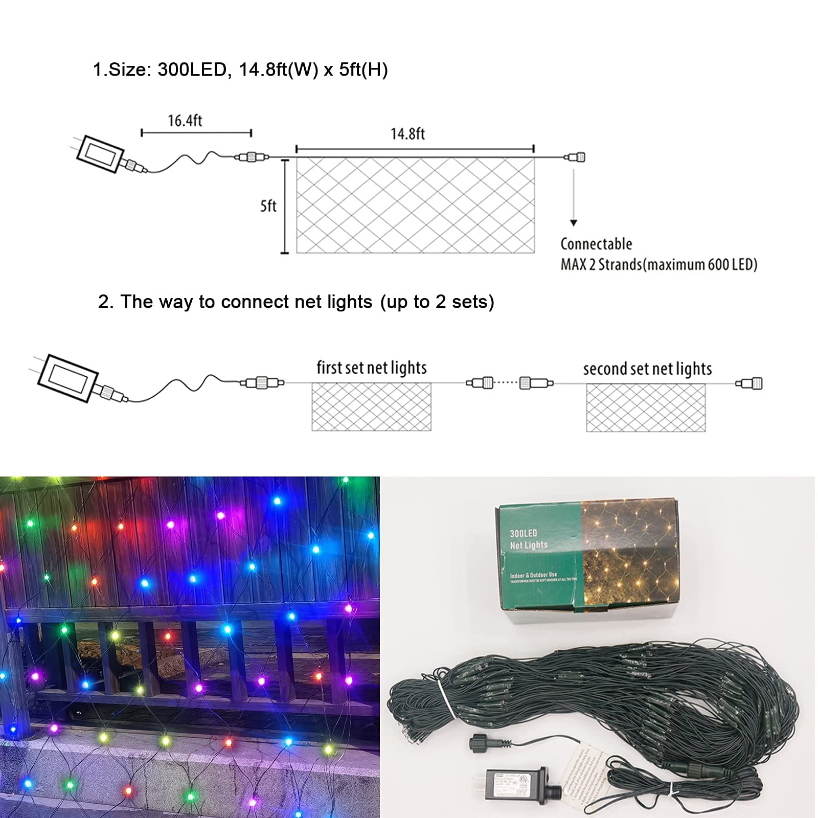 Oycbuzo 300 Led Christmas Net Lights, 14.8Ft X 5Ft 8 Modes, Tree Warp Mesh Light Plug In, Waterproof Hanging Decorative Netting