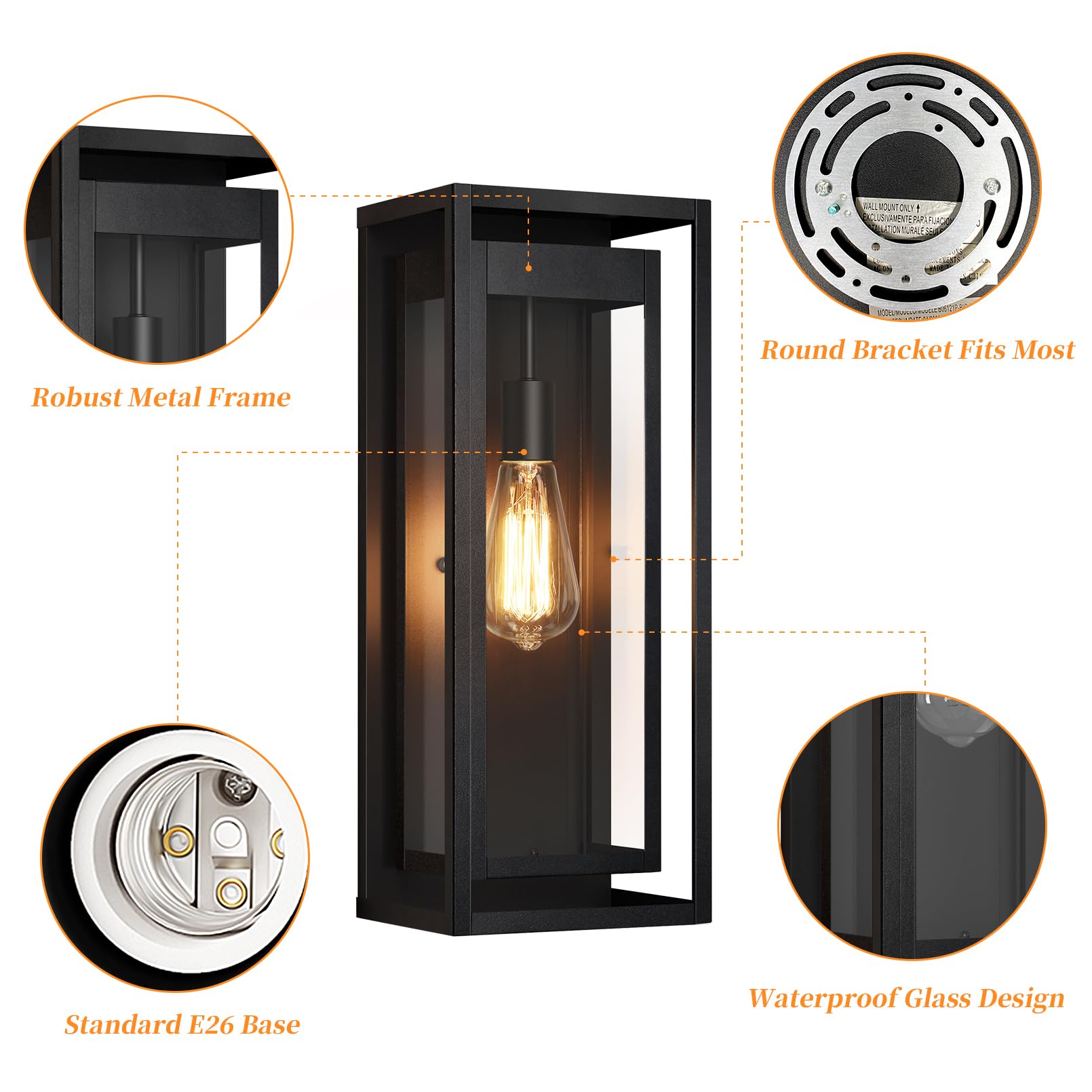 Slypadan 19" Outdoor Wall Lights, Matte Black Sconce Fixture, Waterproof, 2-Pack, Clear Glass Shade for Porch and Garage