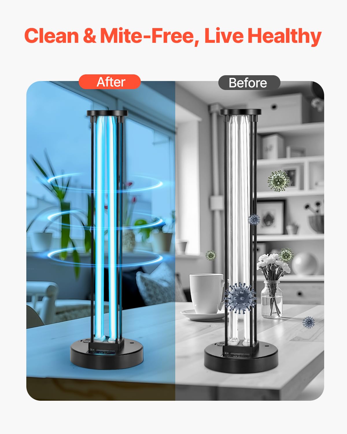 VEVOR 110W UV Light with Ozone Purifier, UVC Lamp, 30/60/120 Min Timer, Remote Control, for Rooms up to 600 sqft