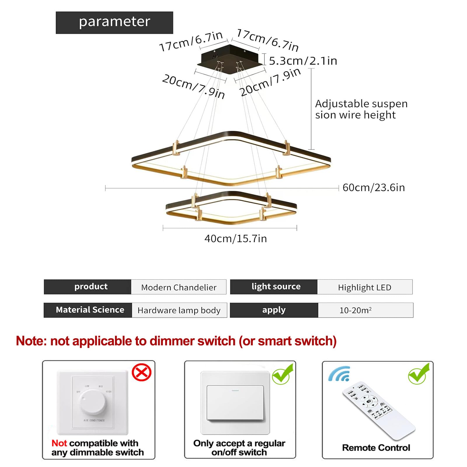 Siittoo Modern Black Chandelier 96W Dimmable LED Pendant Light Fixture, 24''+16'', Aluminum for Dining Room, Kitchen Island, Model FM7386
