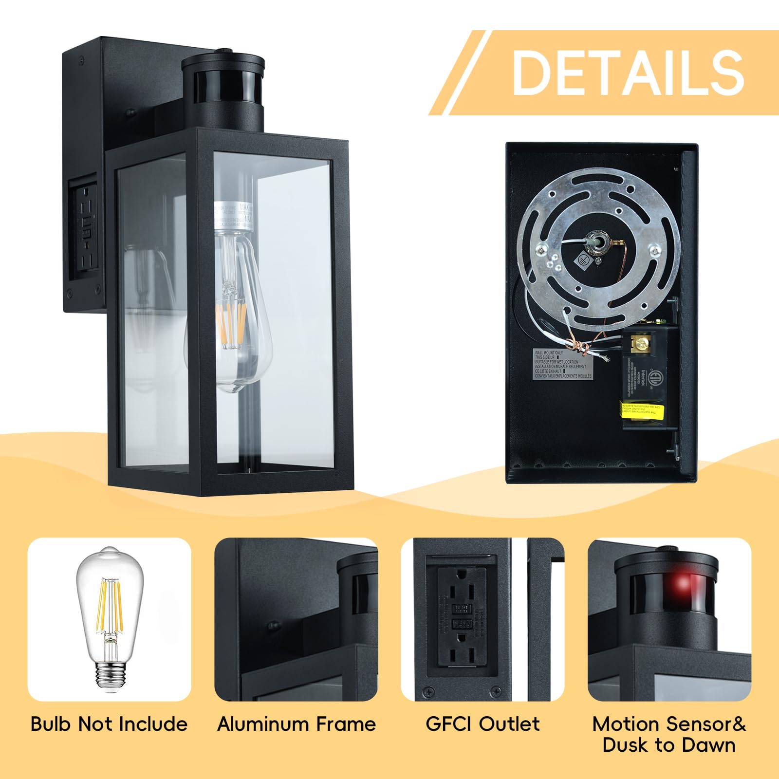 Huadeec Porch Light With Gfci Outlet,Dusk To Dawn Motion Sensor Outdoor Light,3 Lighting Modes Exterior Lights Fixture,Anti-Rust Front Porch Light Wall Lantern(Bulb Not Included)
