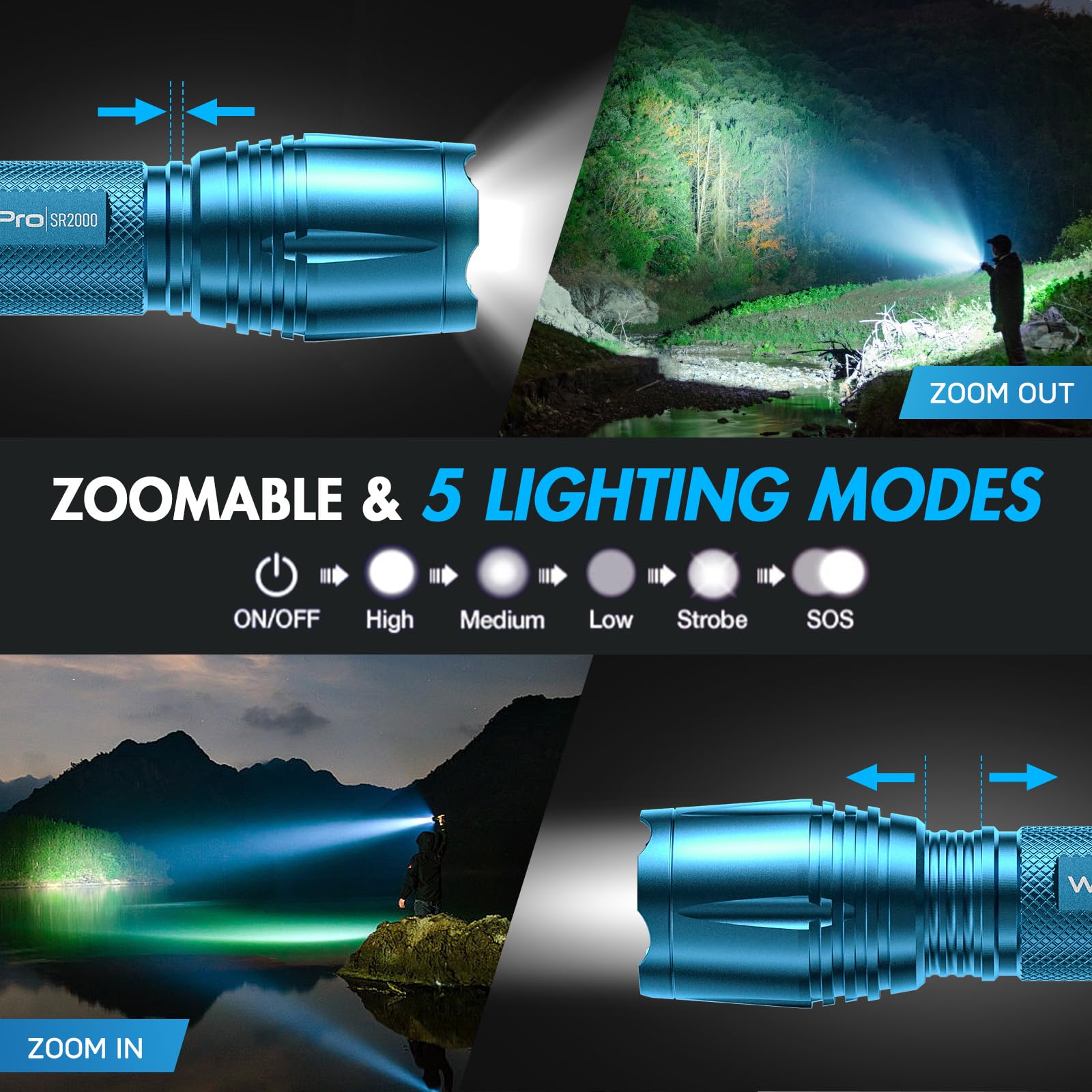 WdtPro LED Flashlight SR2000 Pro, 4 Pack, High Lumens, 5 Modes, Zoomable, Aluminum, Multicolor