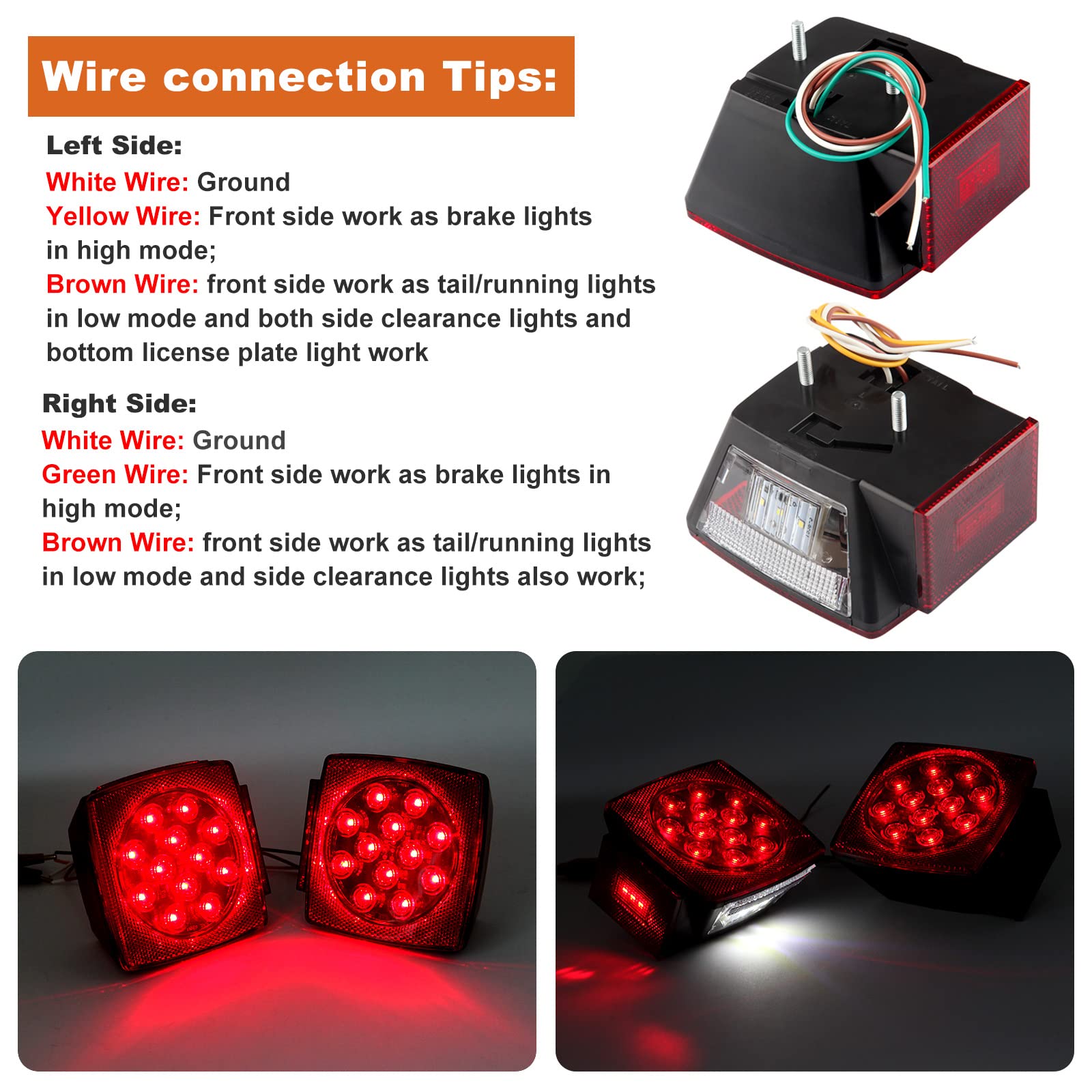 12V Trailer Led Light Kit, 2X Square Led Stop Turn Tail Brake License Plate Running Lights W/ 25Ft Wiring Harness/6X Mini Marker Lights/15&quot; 11Led Trailer Tail Brake Light Bar/License Plate Bracket