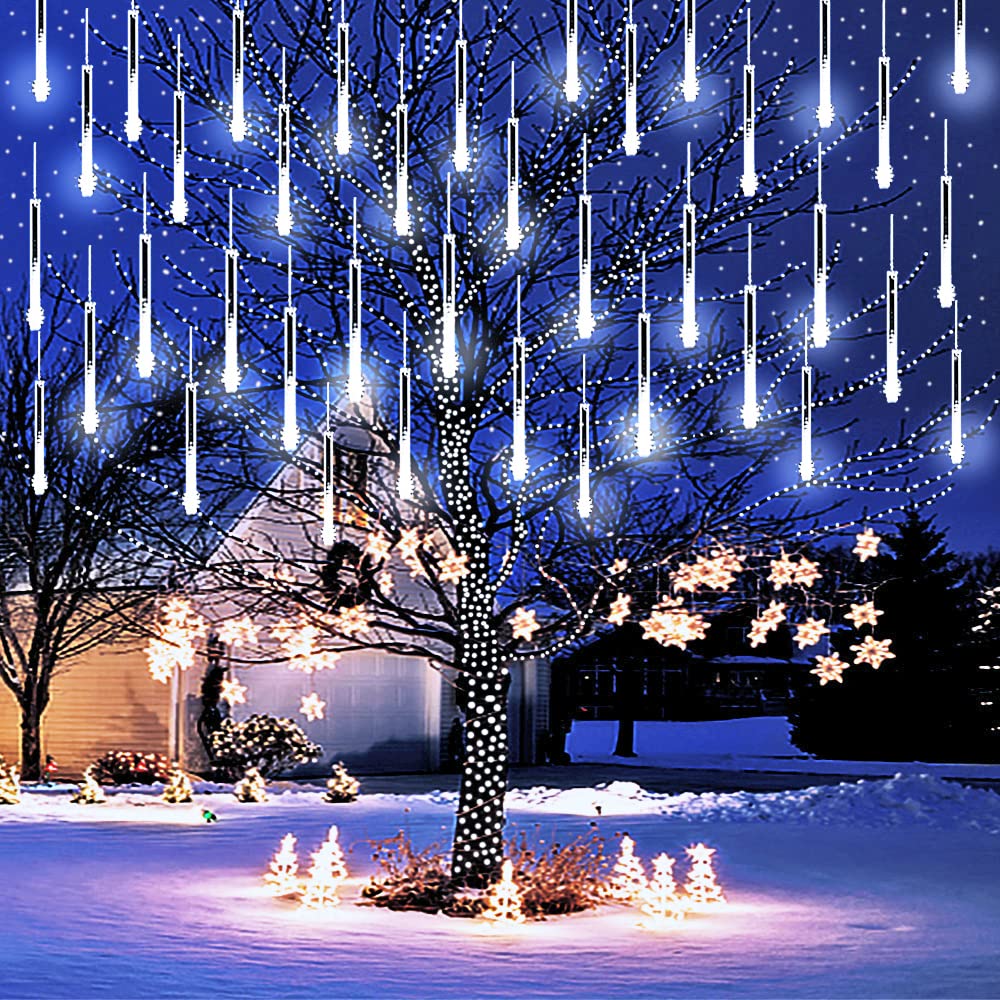 Purtuemy Meteor Shower Lights, 12-Inch 8 Tubes, LED Snow Falling Icicle String Lights, 10.5ft, White, Model 30CMwhite