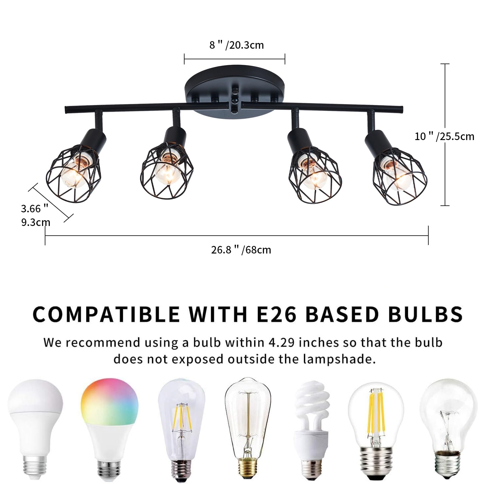 Track Lighting Kit  4-Light Adjustable Multi-Directional Ceiling Light Fixtures  Vintage Black Metal Wire Cage Farmhouse Light Fixtures Ceiling Mount For Kitchen Dining Table Hallway Bathroom Bedroom