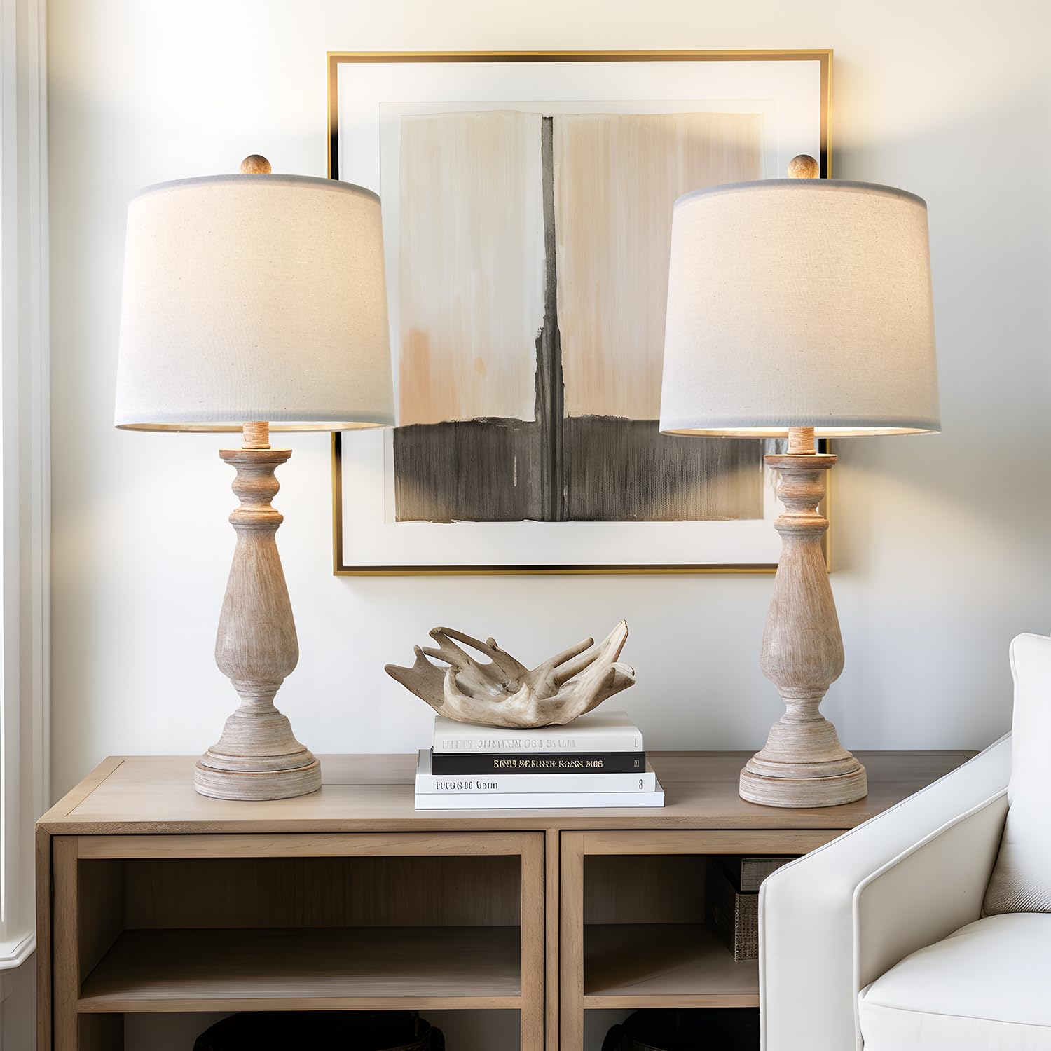 Portres 24.5'' Mid Century Table Lamp Set Of 2 For Living Room Farmhouse Linen Bedside Lamps For Bedroom Kids Room Dorm Office R