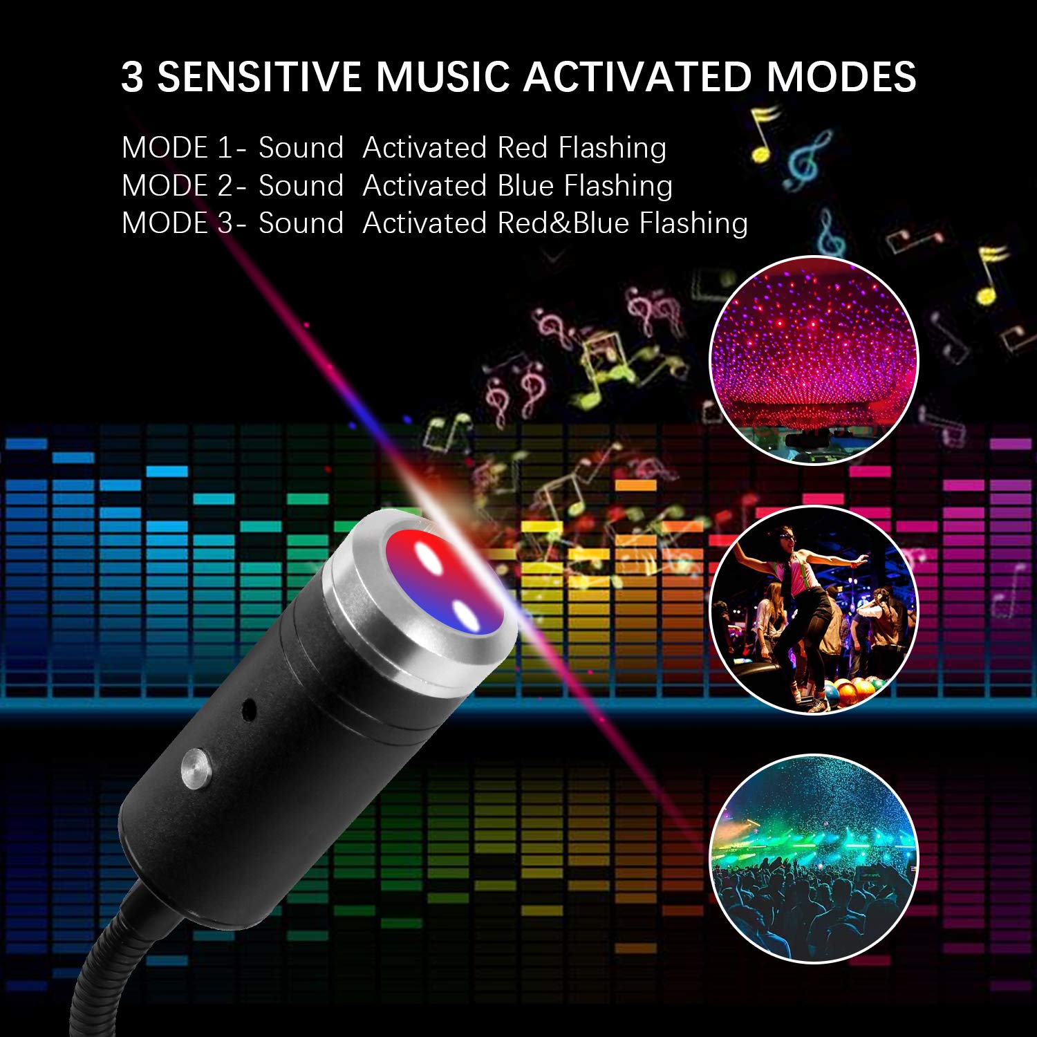 Aevdor Usb Star Light Sound Activated, 3 Colors + 9 Functional Modes, Car Ceiling Interior Light, Romantic Usb Night Light Decor