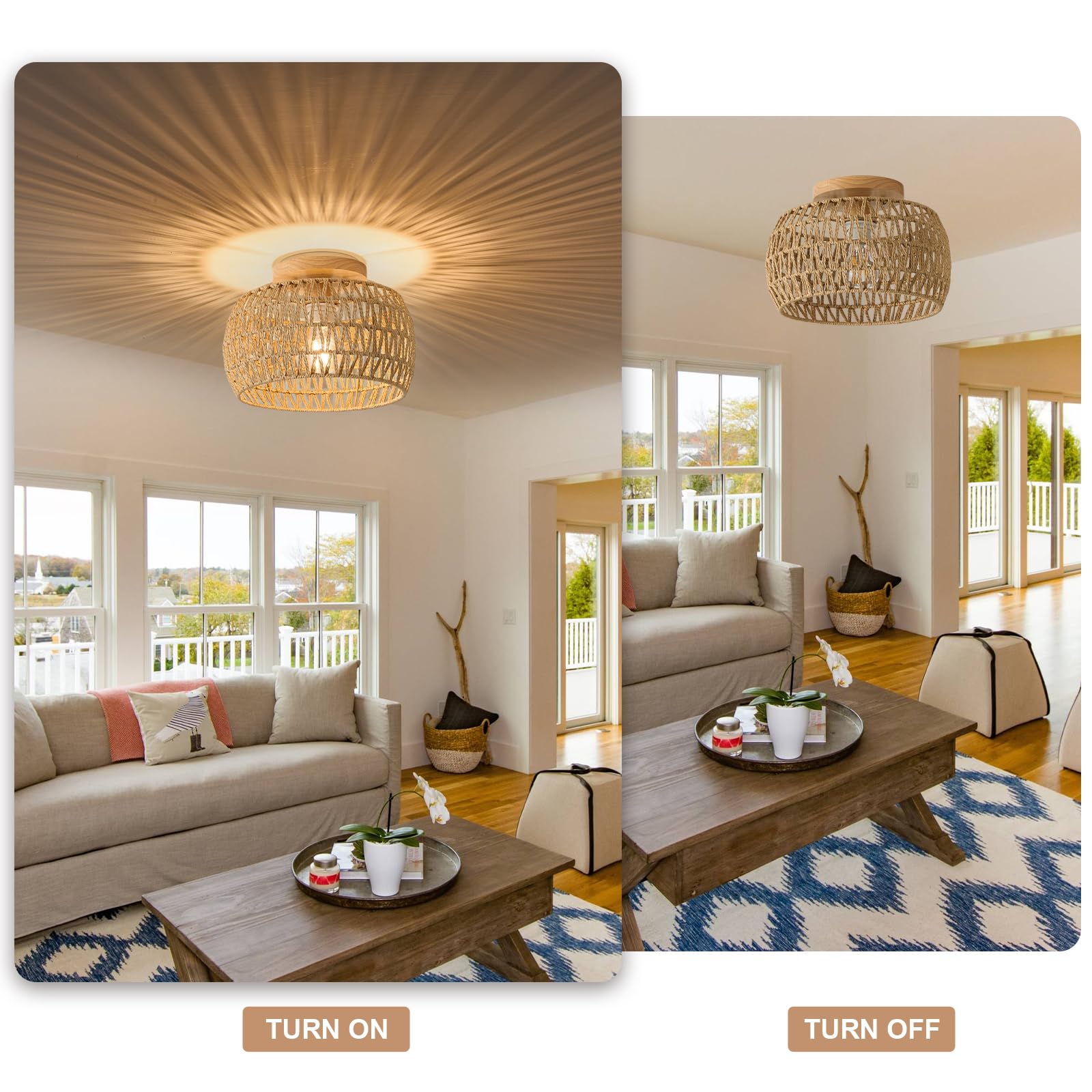 Alaislyc Boho Rattan Flush Mount Ceiling Light 12&quot; Rustic Wicker Fixture For Home Décor