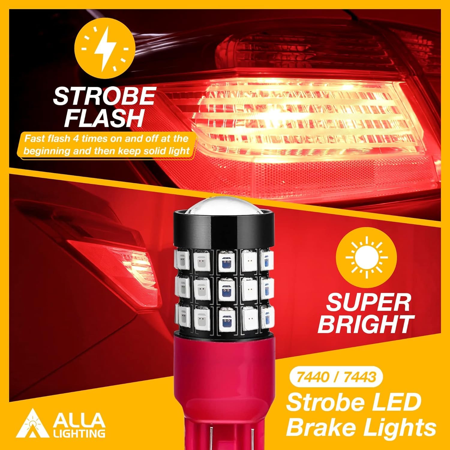 Alla Lighting T25 LED Strobe Brake Light Bulbs, 3156 3157, Super Bright Pure Red, Model Alla-STR-2835-3157-39R-Red-LED