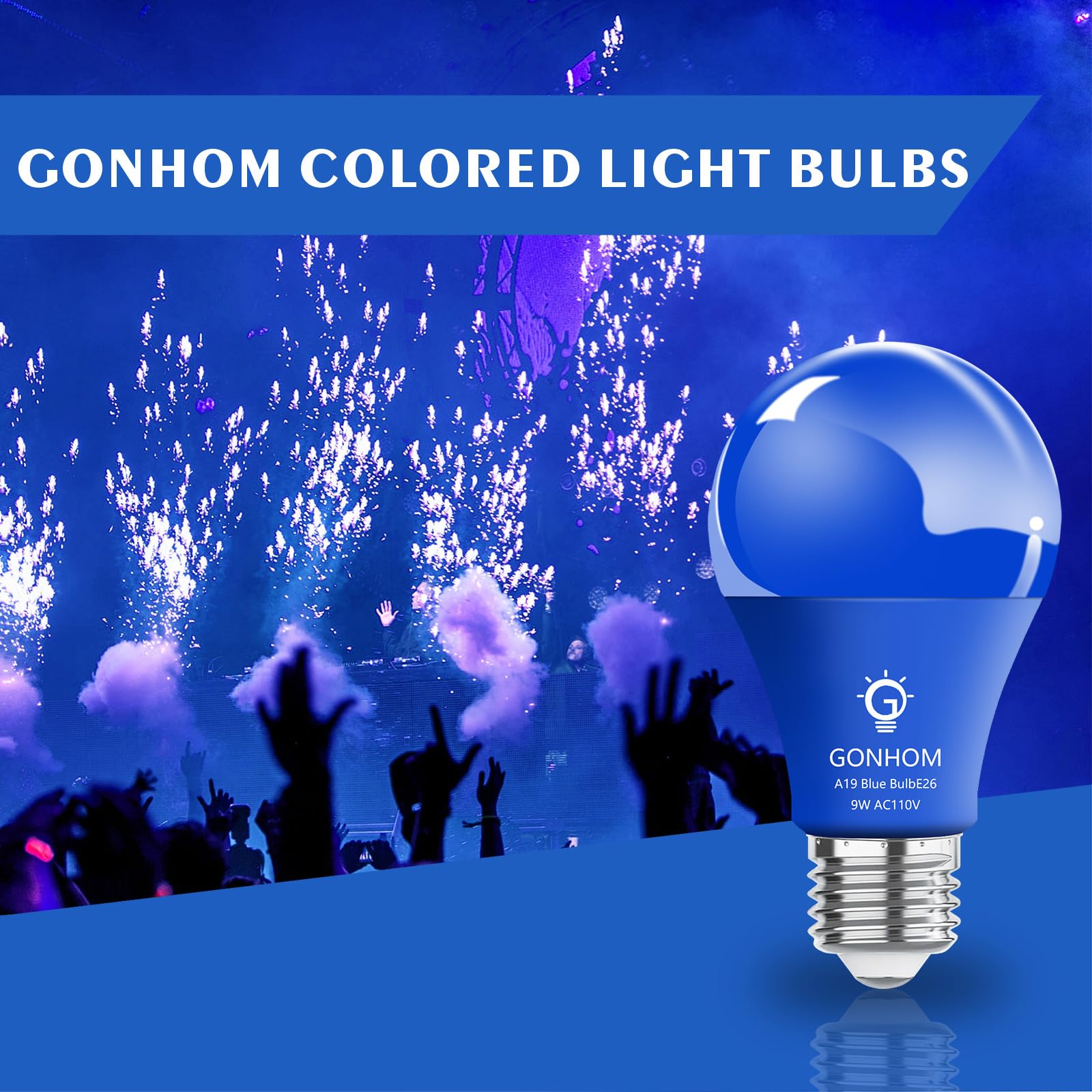 Gonhom A19 LED Blue Light Bulbs, 8 Pack, 9W Equivalent, E26 Base, Plastic, Ideal for Holiday & Party Decoration