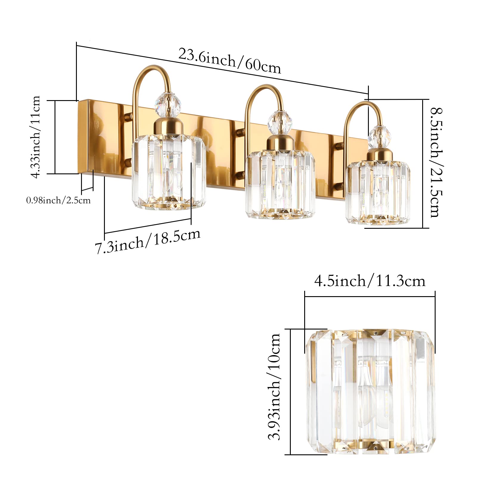 Ralbay Brass Gold 3-Light Bathroom Vanity Lights, Crystal Over Mirror Fixtures, Model 8600, Round-Brass, Modern Design